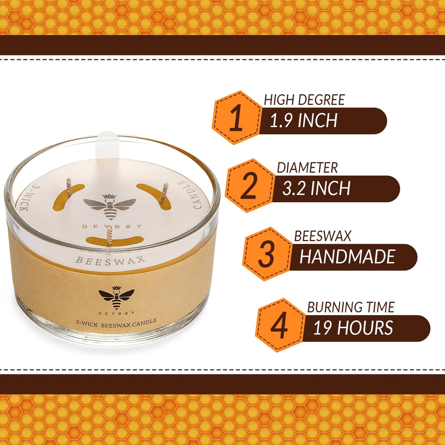DEYBBY Large Beeswax Jar Candle - 3 Wick Beeswax Candle Gift - Handpour Candle with Natural Honey Scent, 22 Hours Burning