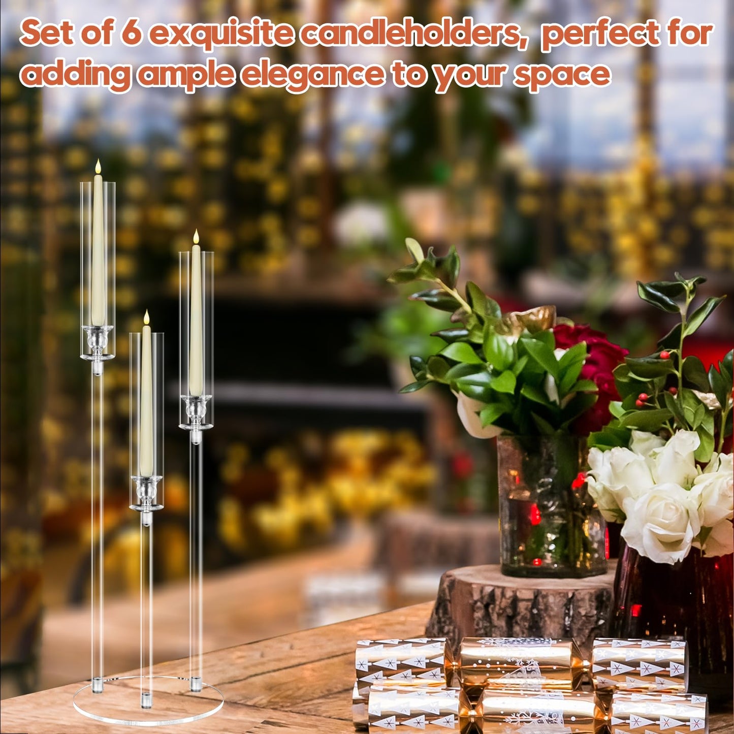 6 Set Acrylic Candelabra Centerpieces for Tables, Mjkeomo 30.7'' Clear Candle Holder 3 Arm Candlesticks Holder with Lampshade for Wedding Fireplace Dinner Party Decor Fit 0.87'' LED Candle