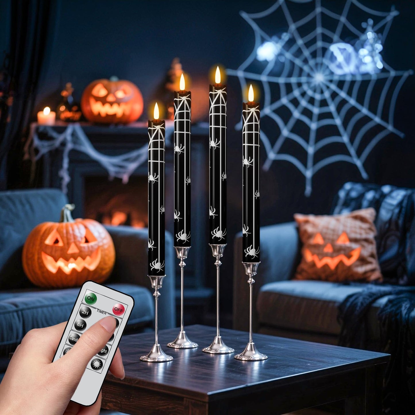 Eldnacele Halloween Flameless Flickering Taper Candles with Remote and Timer, Battery Operated Spider Web Decal Real Wax Black LED Window Candles Set of 4 Table Centerpiece Horror Halloween Decor