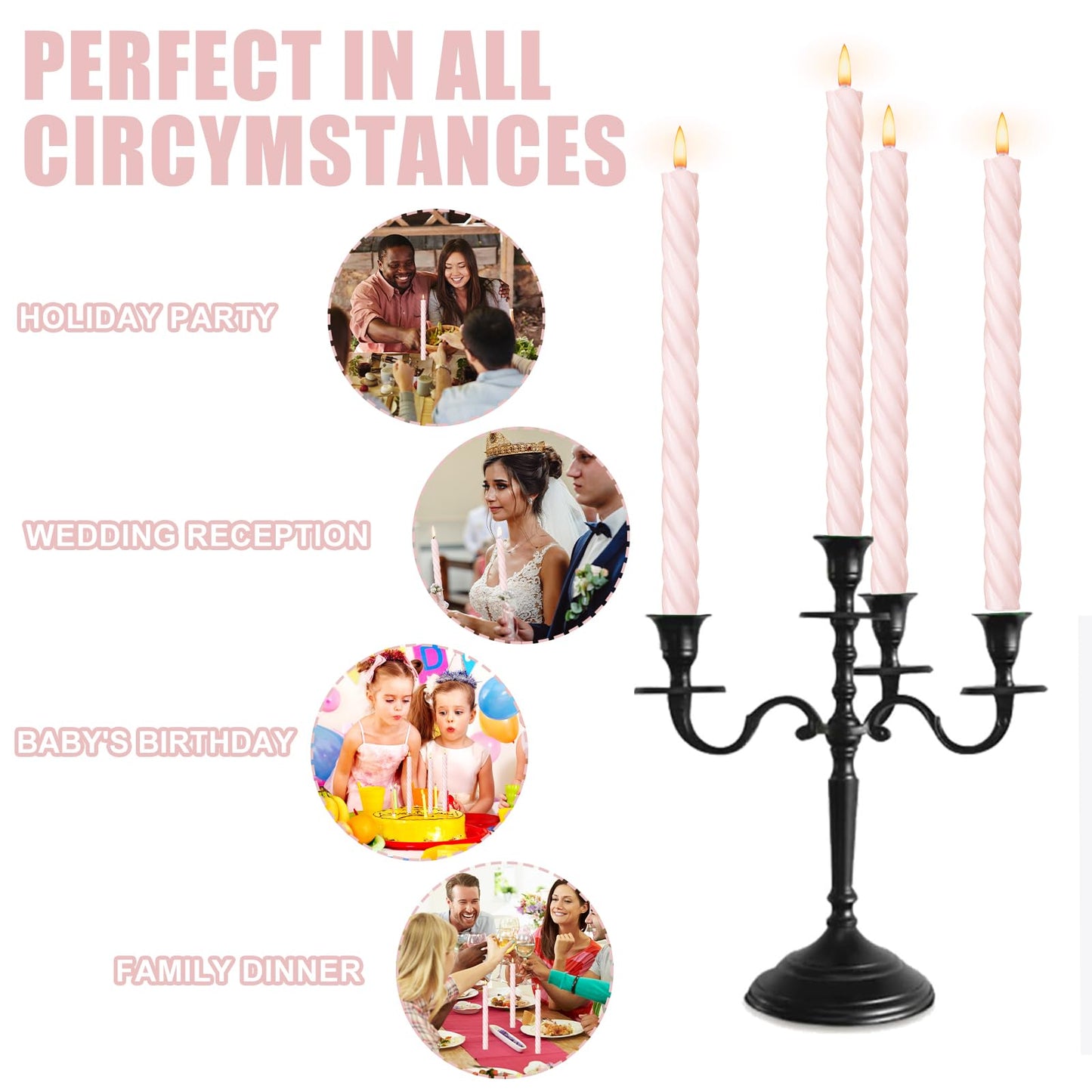 Whaline 8Pcs Baby Pink Spiral Candles Dripless Twisted Wax Candles 10 Inch Long Unscented Candle Sticks for Valentine's Day Wedding Baby Shower Birthday Party Home Decor