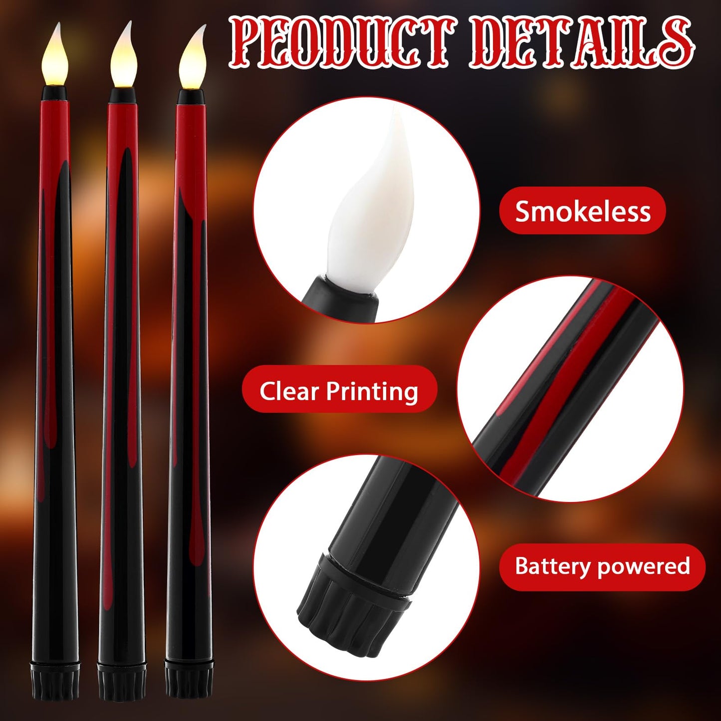 Kittmip 6 Pcs Halloween Flameless Taper Candles 11 Inch Long Red Black Battery Operated LED Bloody Candles Haunted Table Centerpiece for Holiday Party Table Decor