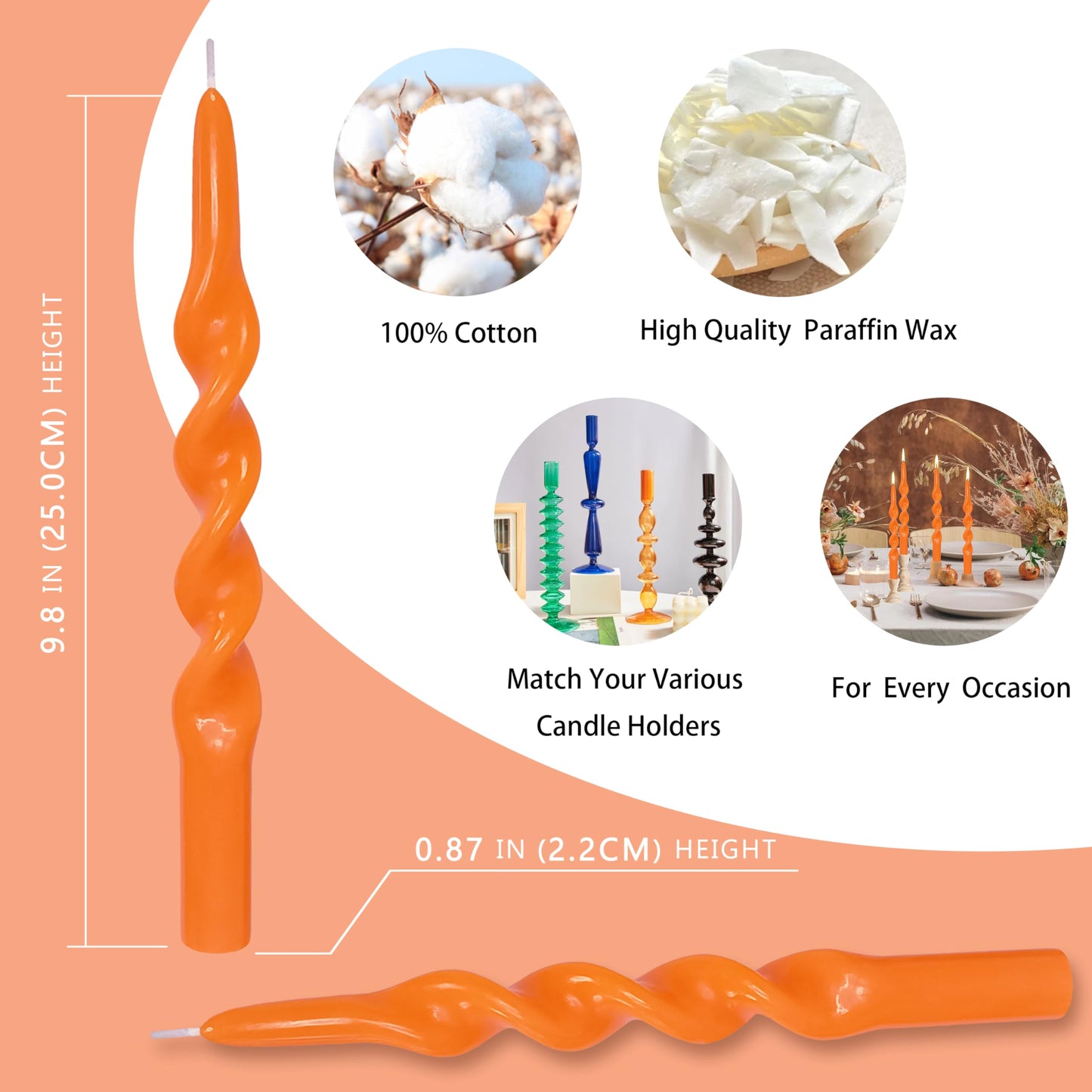 Spiral Taper Candles Set of 4, 10 Inch Orange Handmade Candle Stick, Unscented Tapered Candles, Twisted Candles for Wedding Dinner Table Home Decor Gift