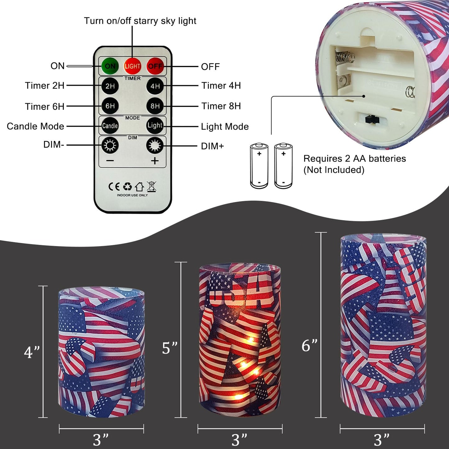 NJAO HOO Patriotic American Flag Flameless LED Battery Operated Pillar Candles with Remote Control and Timer, 4th of July Candles for Home Decor Set of 3