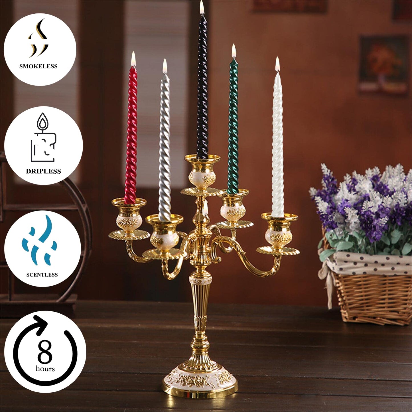 SEVEN LUCKY LIGHT 10 Inch Spiral White Taper Candles Set of 4, Metallic Finish Dripless Candlesticks, 8+ hrs Smokeless Clean Burning for Christmas, Home, Dinner, Wedding & Church Decor
