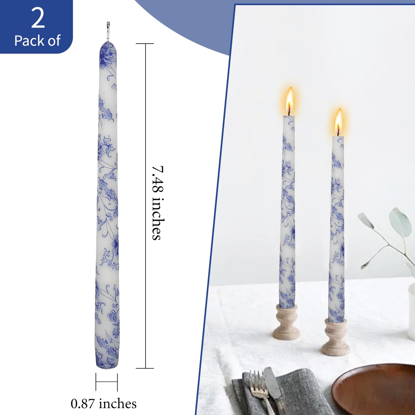 Printed Taper Candles 10 INCH Handmade Candles Unscented Smokeless Candlesticks Blue and White Porcelain Pattern Candle for Home Wedding Dinner Holiday Party