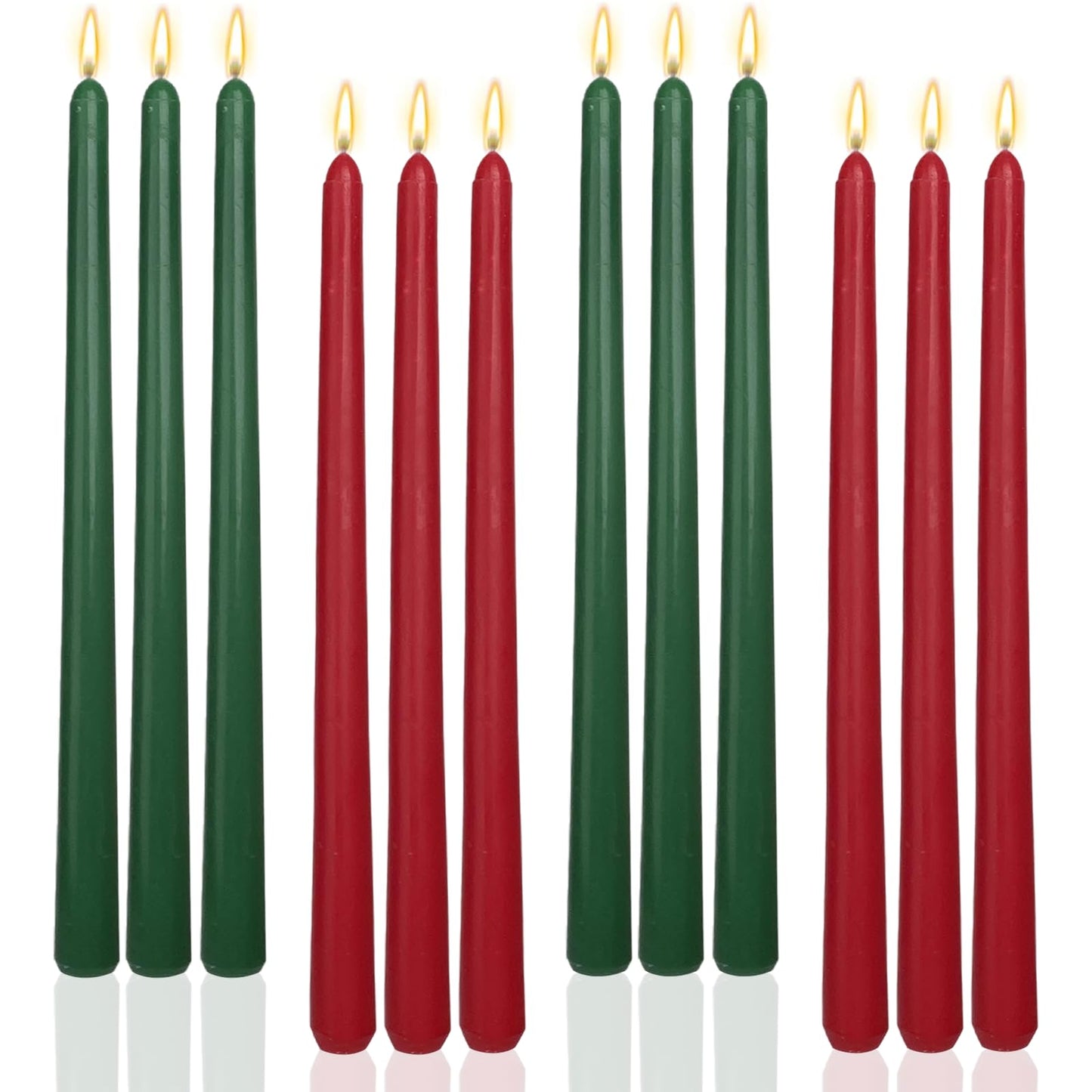 LPUSA 12 Inch Christmas Taper Candles Unscented Smokeless Long Tall Tapered Candle for Candlesticks Sticks Wedding Advent Home Decor Dinner，Set of 12,Redgreen