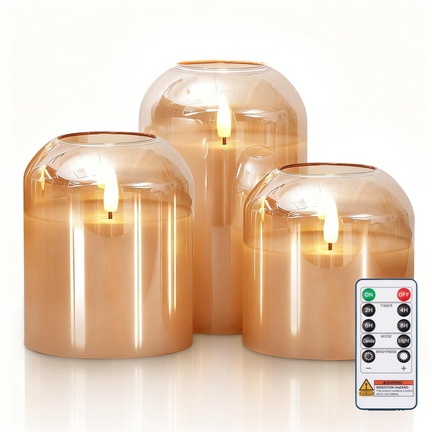 Homemory Glass Flameless Candles, Battery Operated Plliar Candles Realistic Flickering, LED Electric Light with Remote and Timer for Home, Christmas Decoration, Gold, Set of 3