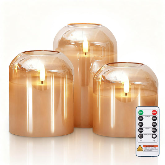 Homemory Glass Flameless Candles, Battery Operated Plliar Candles Realistic Flickering, LED Electric Light with Remote and Timer for Home, Christmas Decoration, Gold, Set of 3