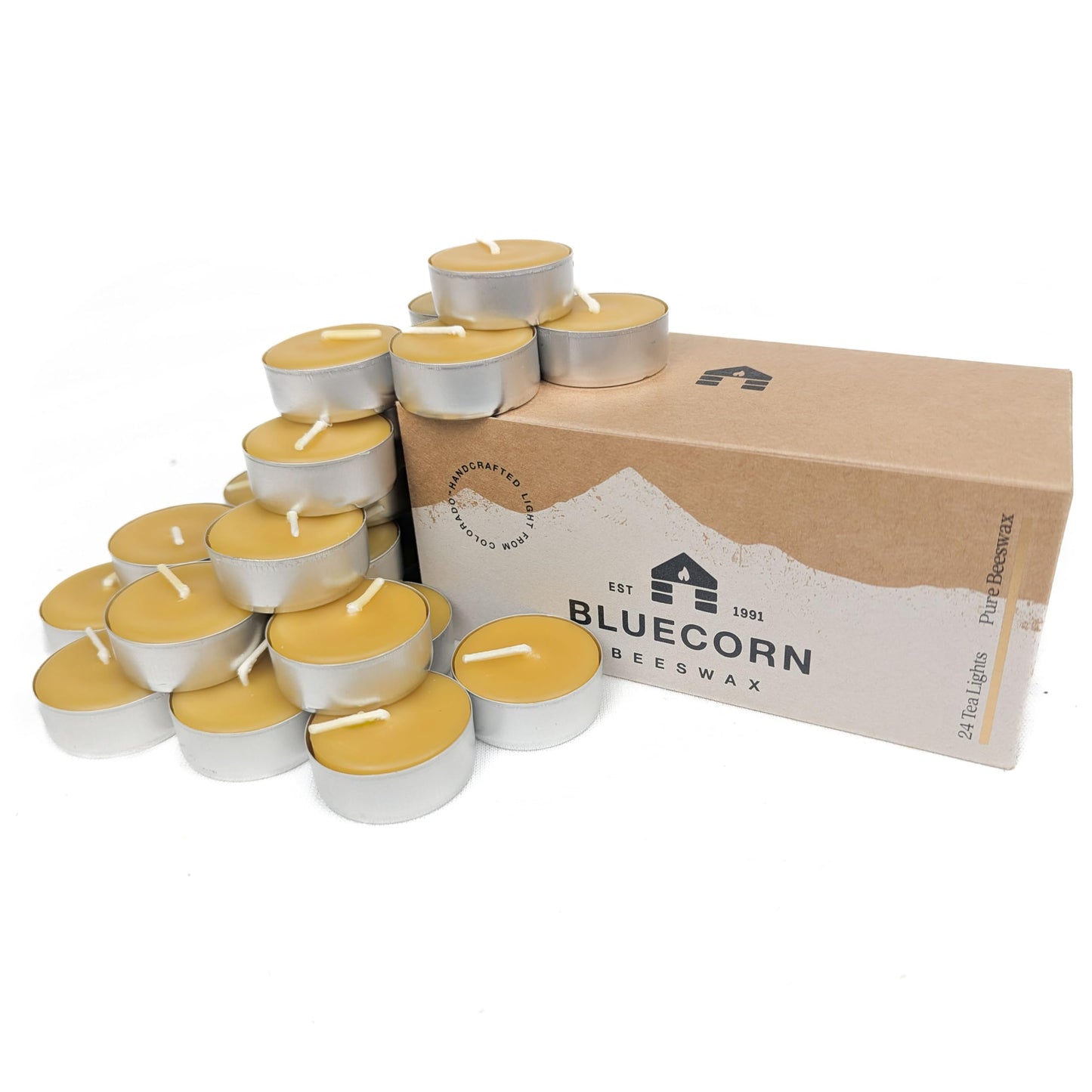Bluecorn Beeswax Tea Light Candles, 100% Pure Natural Bees Wax, Yellow Tea Lights in Metal Cups, Fragrance Free, Paraffin & Soy Free Candle Wax, Clean Burning, Long Lasting, American Made, 24 Pack