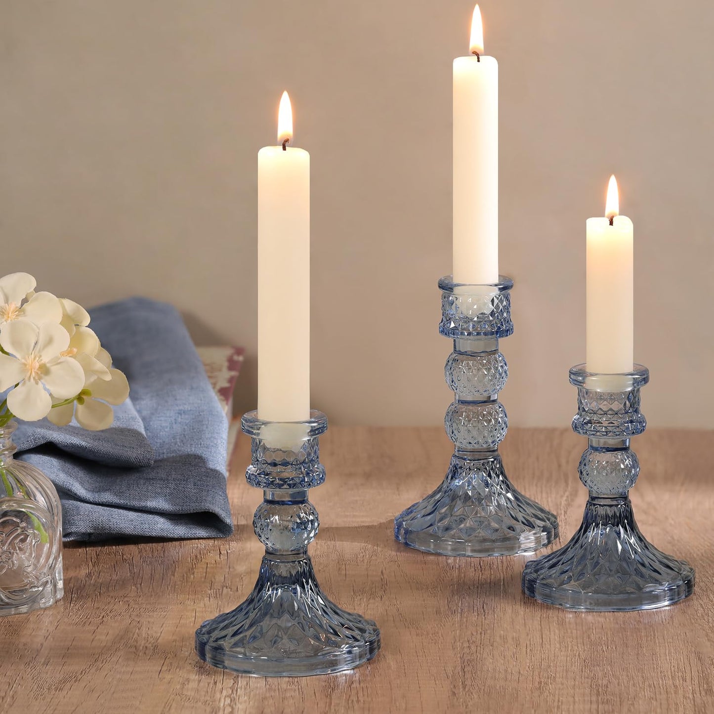 DARJEN Blue Glass Candlestick Holders Set of 6, 4" H & 5" H Taper Candle Holders for Candlesticks & Pillar Candles, Diamond Candle Holders for Wedding Party Table Centerpiece, Home Decor