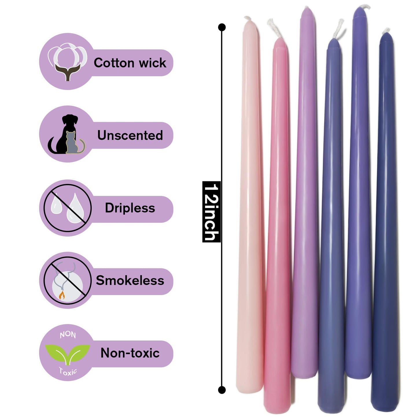 12 Inch Taper Candles 6 Pcs Unscented, Smokeless, Dripless Long Tapered Candlesticks Candles for Christmas Birthday Dinner Wedding Party Home Decor