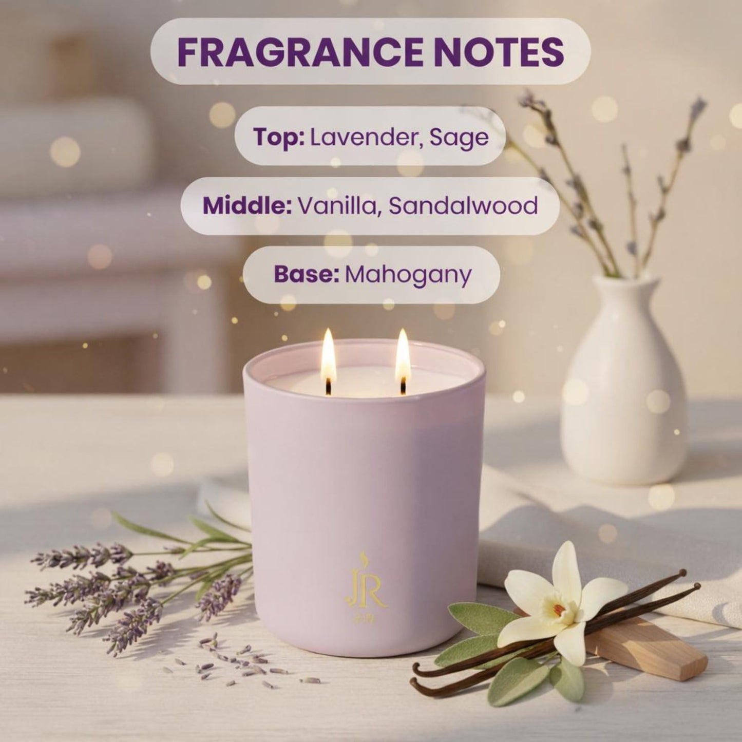 Luxury Coconut Apricot Scented Wax Candle – Lavender, Vanilla & Sage – 12oz Hand-Poured Non-Toxic Scented Candle with Amethyst – 50+ Hour Burn Aromatherapy Candle – Home Decor Gift