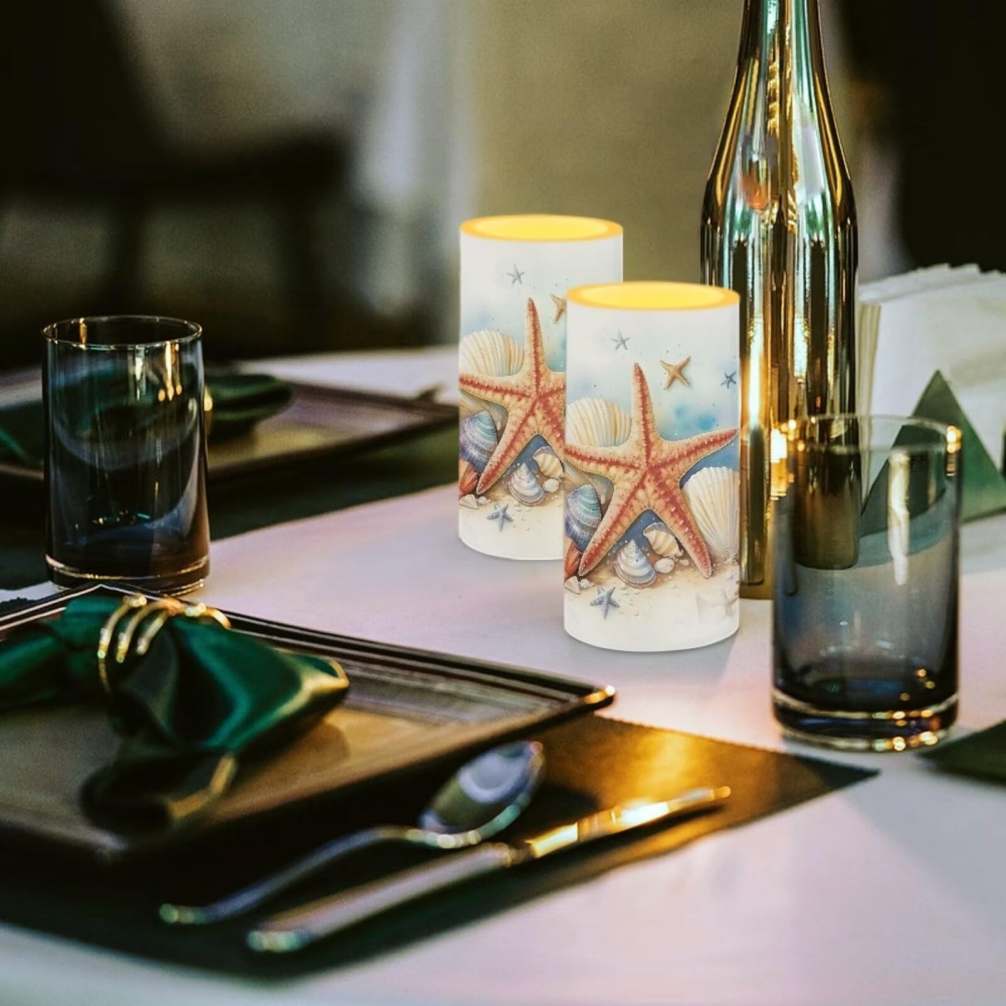 NETILGEN Flameless Candles LED Battery Operated Candles with Realistic Set of 2 with 18 Key Remote Control Timer Pillar Candle for Coastal Home Decoration, Starfish Seashell Retro