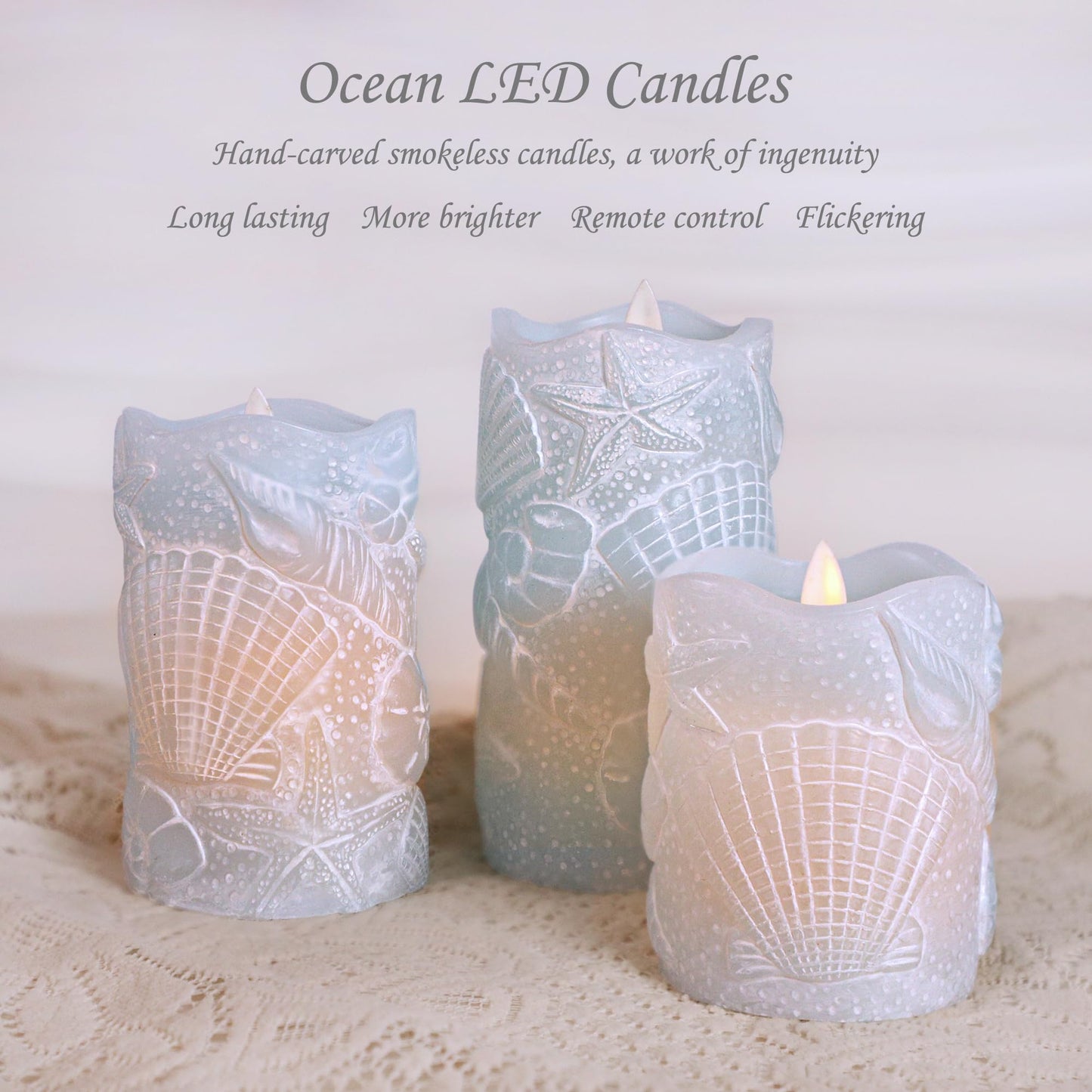 Silverstro Ocean Flameless Candles Remote Carved Seashell Real Wax Flicker Battery Operated Candles for Home Party Wedding Nautical Thanksgiving Christmas Easter Decor - Set of 3(Blue)