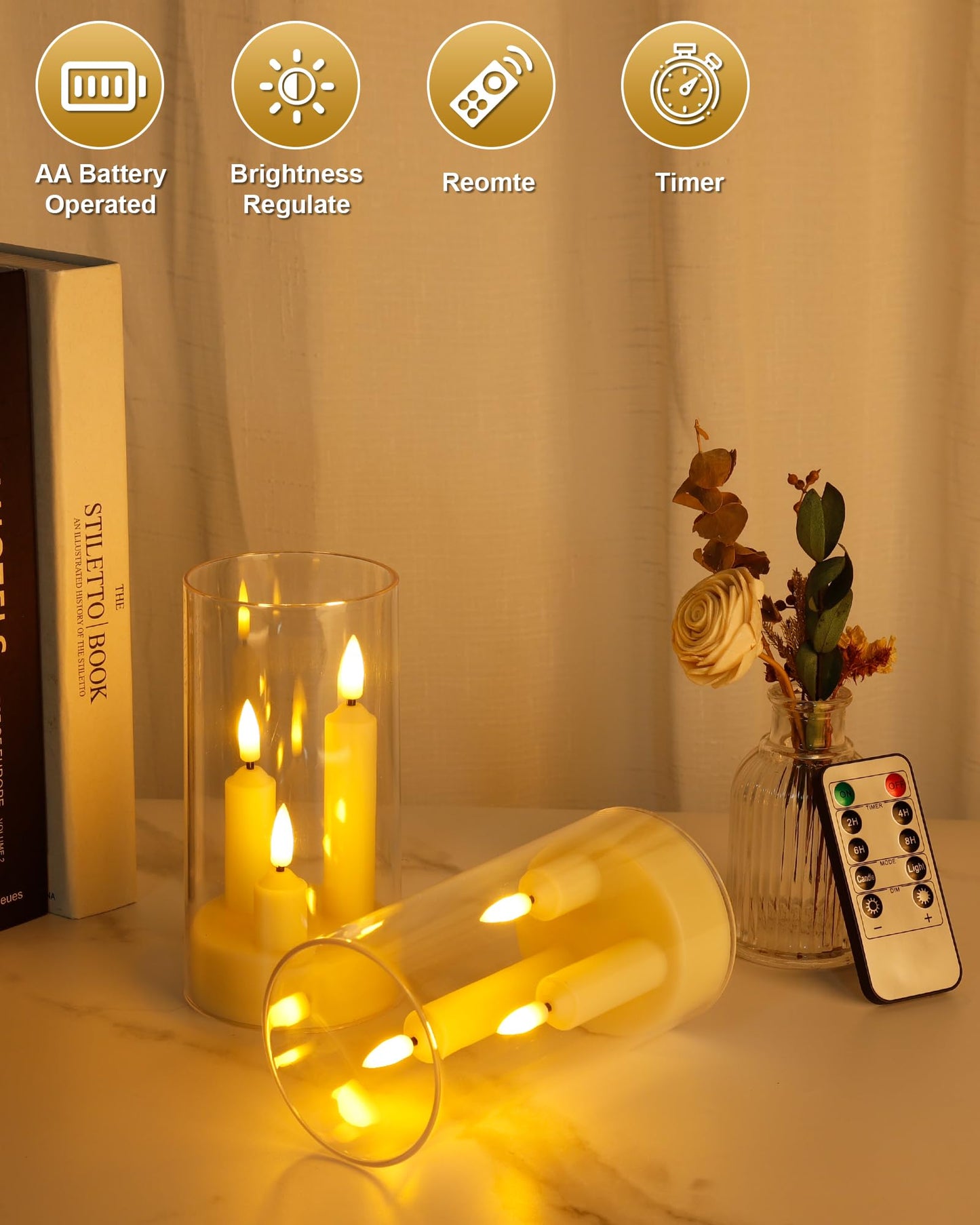 Enido 2 Pc Flameless LED 3-in-1 Taper Candles with Remote & Timer, Battery Operated Acrylic Pillar Set, 3" x 6" Flickering Electric Lights for Cozy Home & Holiday Romantic Decor (Clear)