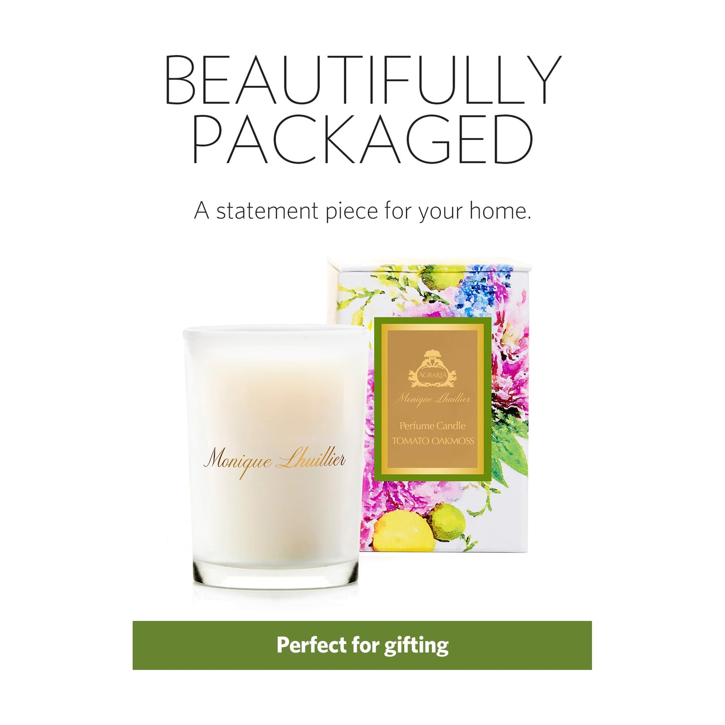 Agraria Monique Lhuillier Tomato Oakmoss Perfume Candle, 7 Oz, 40-50 Hours Flicker Time, Fresh Alluring Botanical Earthy Scented Candles for Home