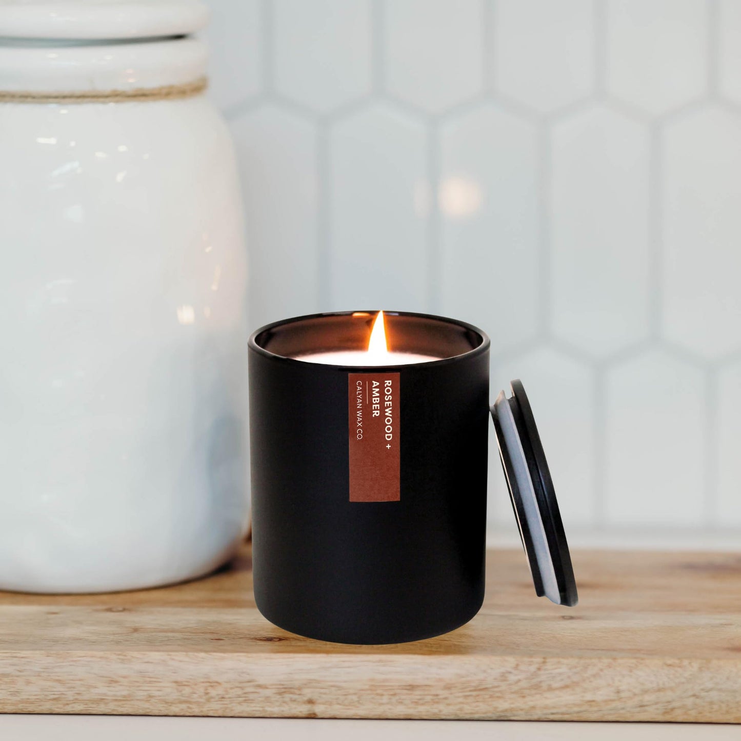 Calyan Wax Co. Rosewood & Amber Scented Candle - 75 Hour Burn - Luxury Clean Soy Wax Candles - Long Lasting Black Tumbler Jar Candle for Home - 10.2oz