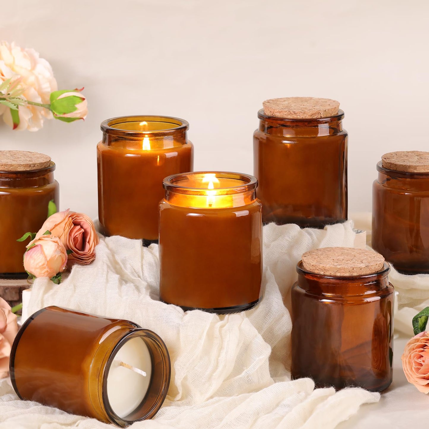 Lanttu 12 Pack Amber Candle Jars for Making Candles, 7.5oz Glass Jars with Wooden Lids and Labels, Candle Making Supplies Candle Containers for Home DIY, Gifts, Table Decor