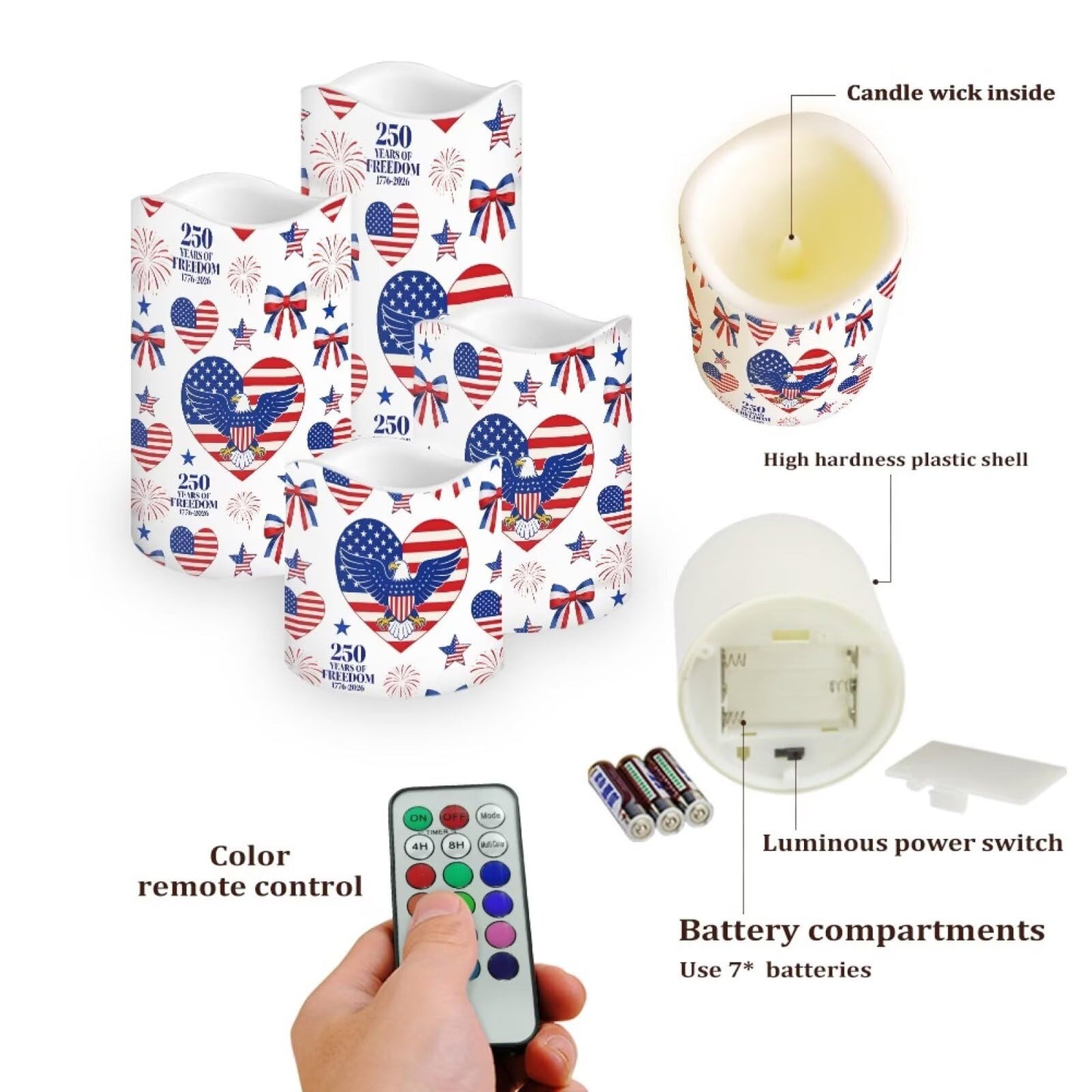 Uorisanigo 250th Anniversary of USA Independence Flameless LED Candles Star Stripes Battery Operated Fake Candles with Flicker Patriotic Candles 4th of July Outdoor Garden Display Set of 4
