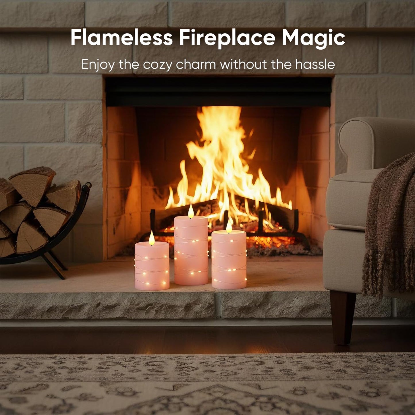Amagic Flameless Candles with Embedded String Lights, 11-Key Remote & Timer, 3D Wick Real Wax Battery Operated Flickering Led Pillar Candles for Home, Lantern Decor, Set of 3, Pink