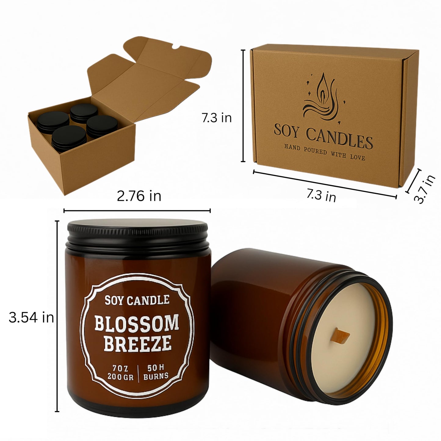 Luxury Soy Candle Gift Set, 4 Pack Amber Glass Jars with Crackling Wooden Wick, Handcrafted Scented Candles, Gift Ready Box
