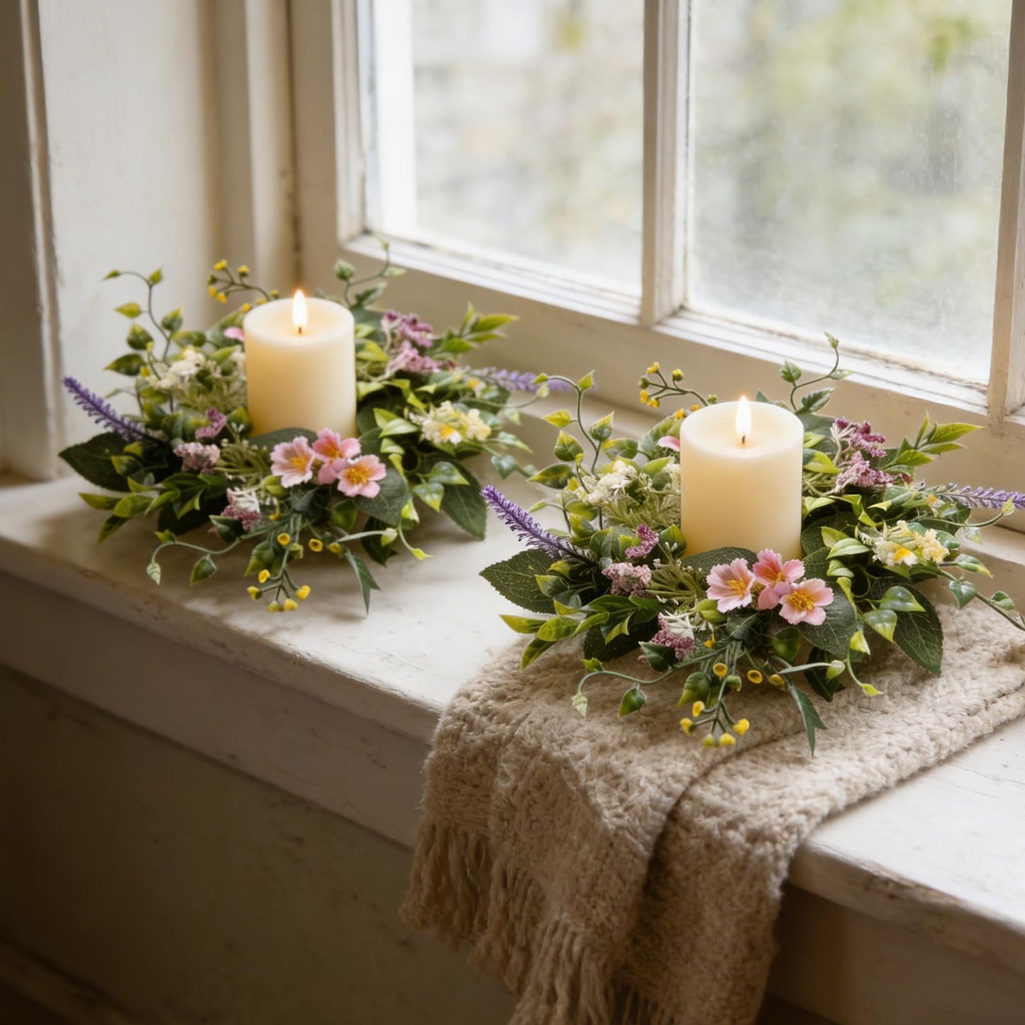 6 Pcs Small Spring Summer Candle Ring Wreaths with Artificial Pink Flower Purple Lavender Yellow Berry Mini Pillar Candle Holder Wreath with Green Leaves for Home Kitchen Table Centerpieces Wall Decor