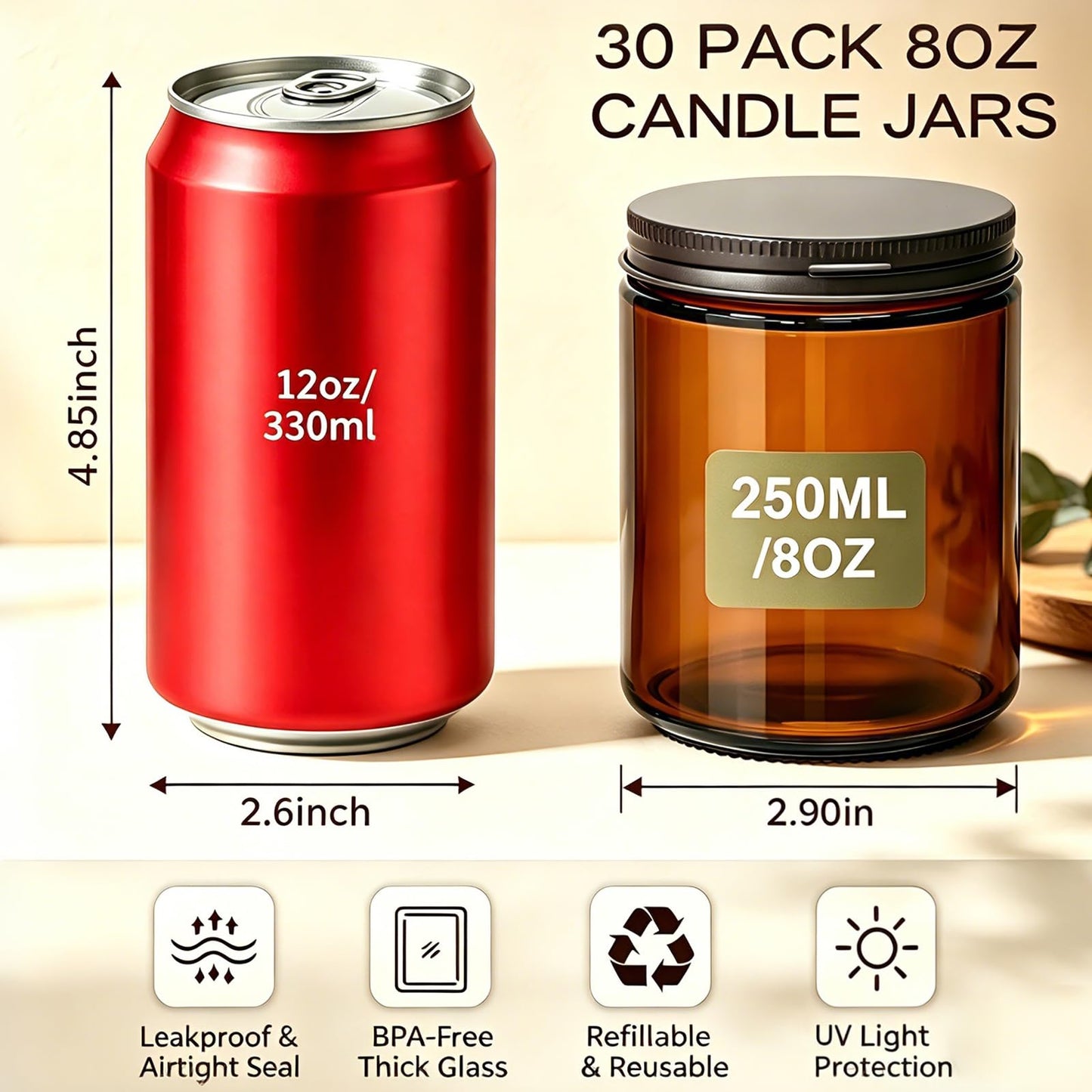QAPPDA 8oz Amber Candle Jars Set of 30,Round Glass Jars with Black Lids,Empty 250ml Glass Candle Making Jar Bulk Thick Small Food Storage Jar for Spice,Candy,Powder