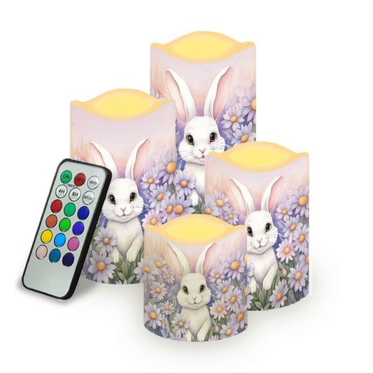 Uorisanigo Easter Bunny Daisy Plastic Flameless Candles with Remote Control and Timer LED Flickering Battery Operated Color Changing Electric Pillar Candles Easter Decoration