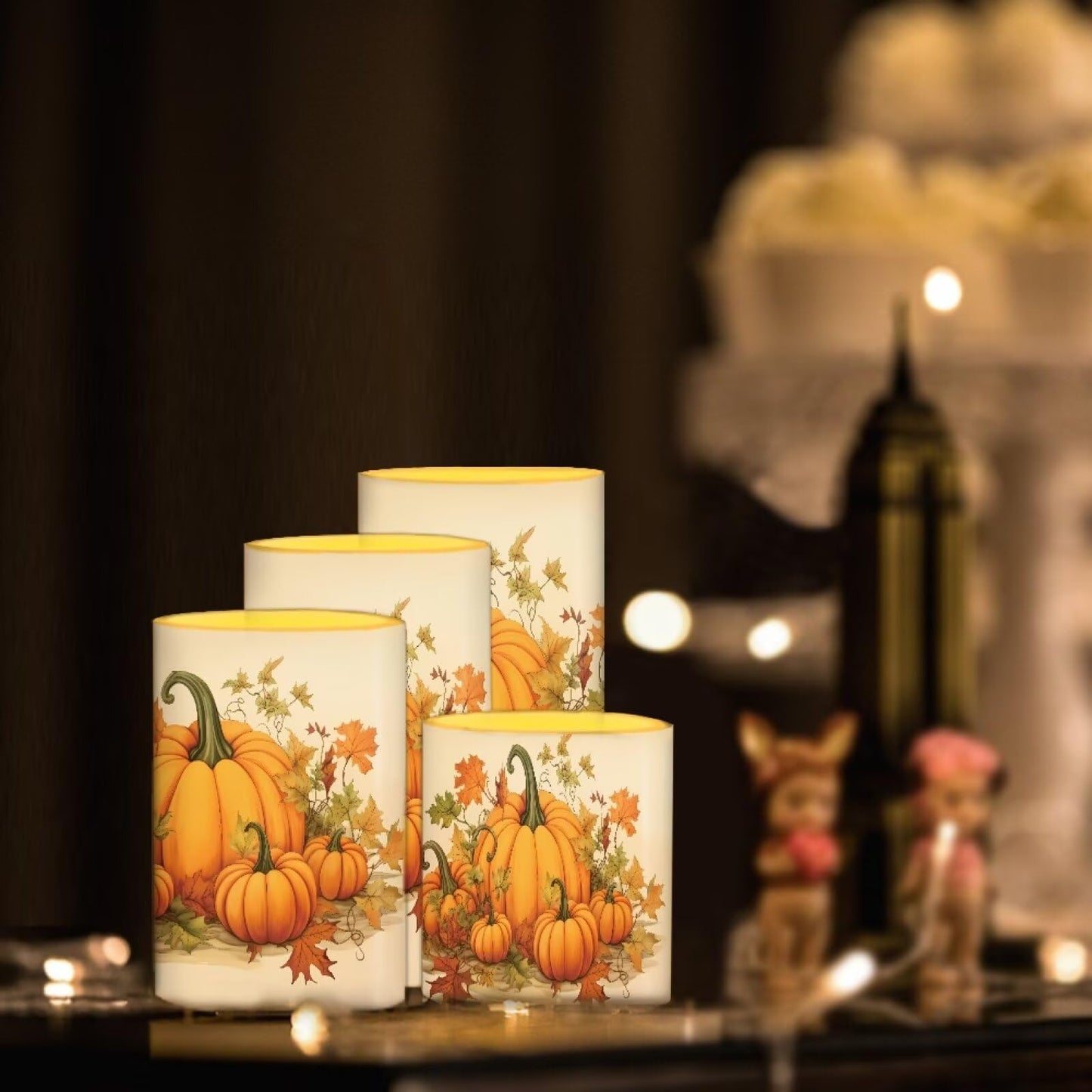 NETILGEN Fall Harvest Pumpkins Flameless Flickering Candles with Remote, Timer Battery Operated LED Pillar Candles Set of 4 Thanksgiving Day Decor