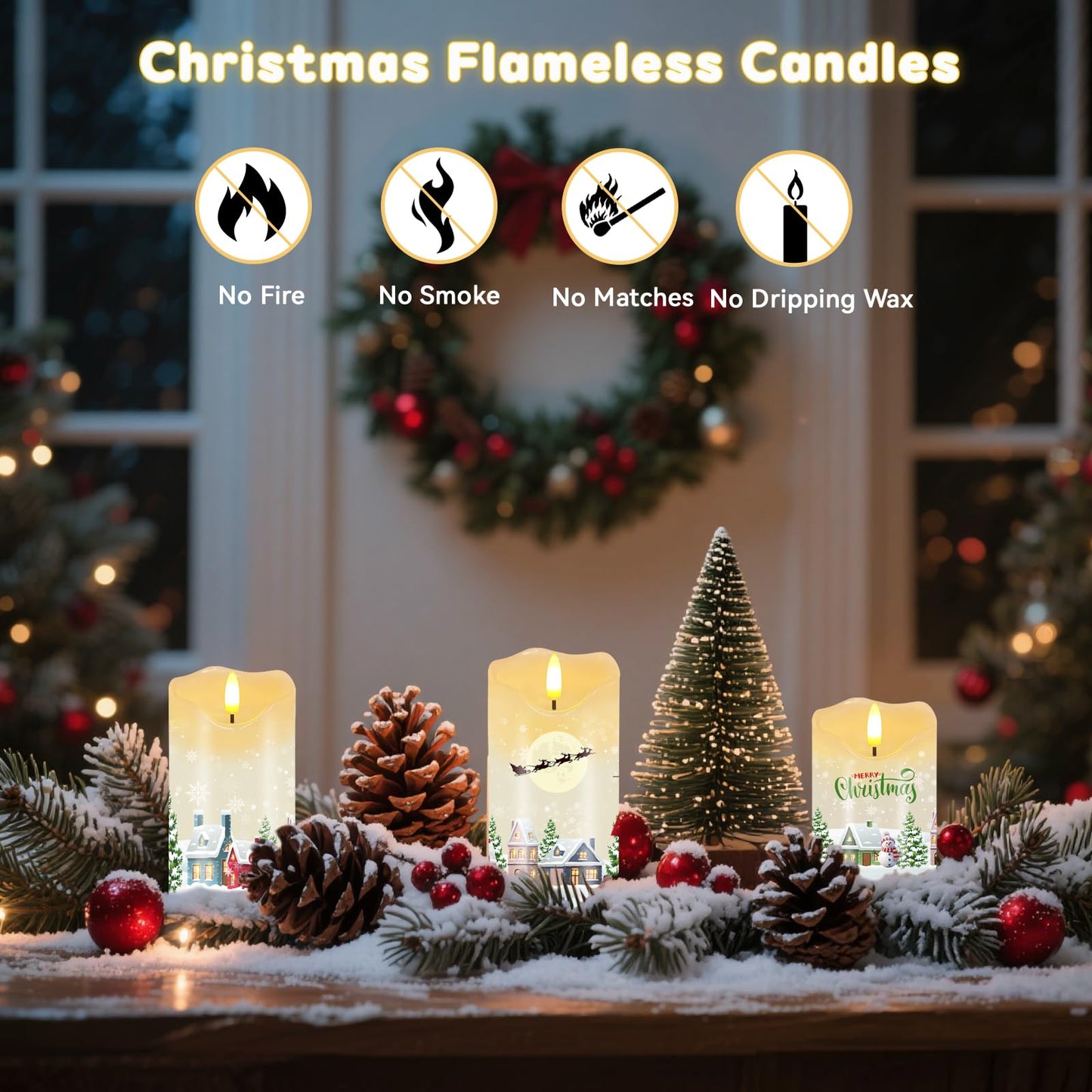 VEEKI Christmas Flameless Candles, Set of 2 Flickering Snow House LED Candles with Remote & Timer, Real Wax Pillar Candles Battery Operated, Electric Candles Light for Home Christmas Decor