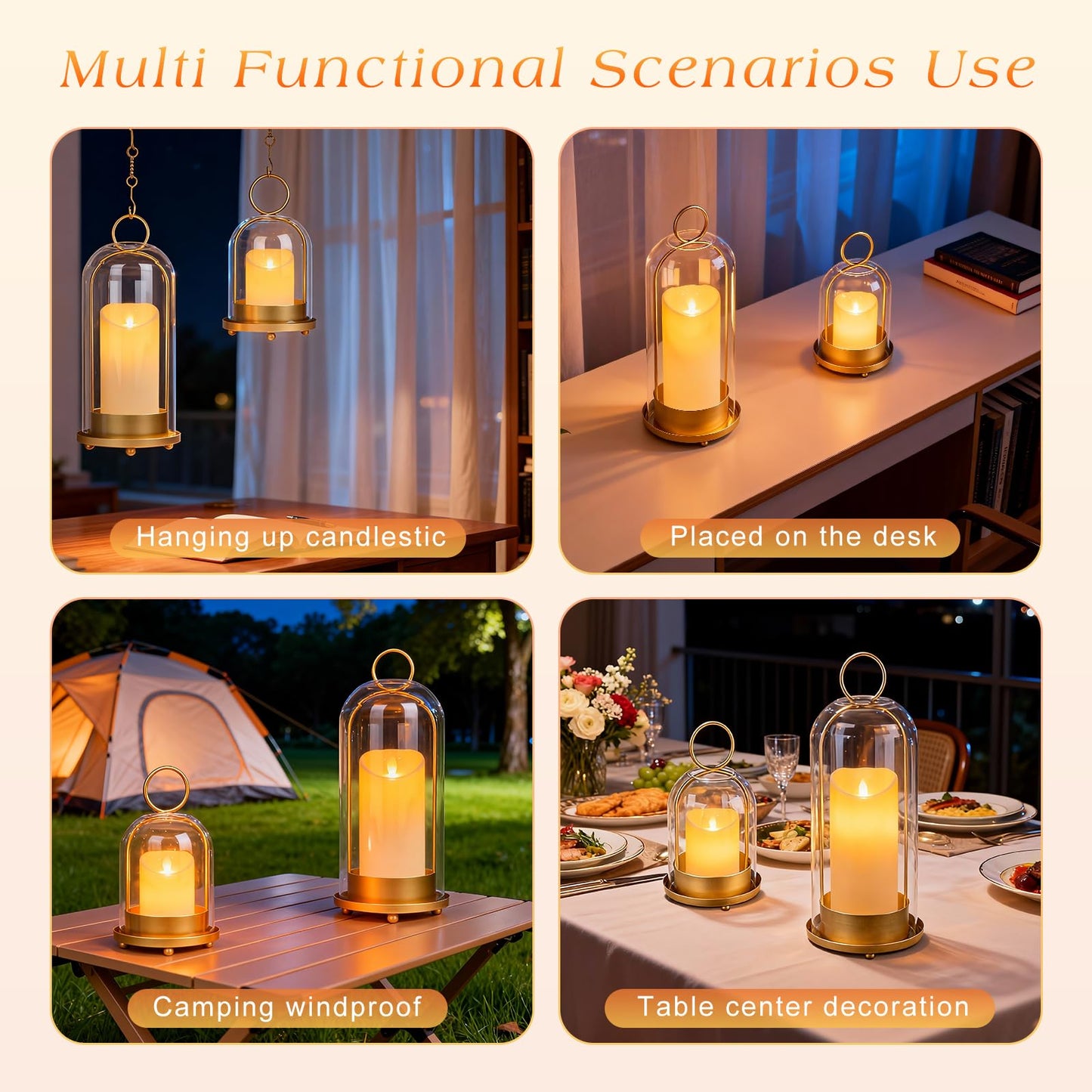Fohil 5" & 4" Hurricane Glass Candle Holders, Set of 2 Metal Candle Holder with Handmade Sturdy Glass Dome, Candle Lantern for Pillar Candles, Plants, Table Centerpiece, Home Decor