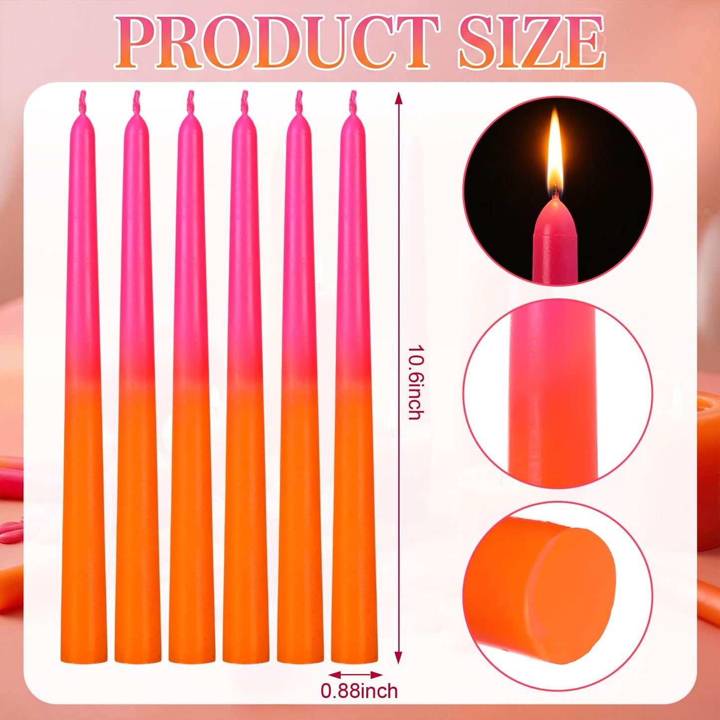 Photect 6 Pcs Pink and Orange Party Taper Candles 10 Inch Gradient Pink Orange Long Candles for Birthday Theme Party Dinner Table Home Bathroom Birthday Decor