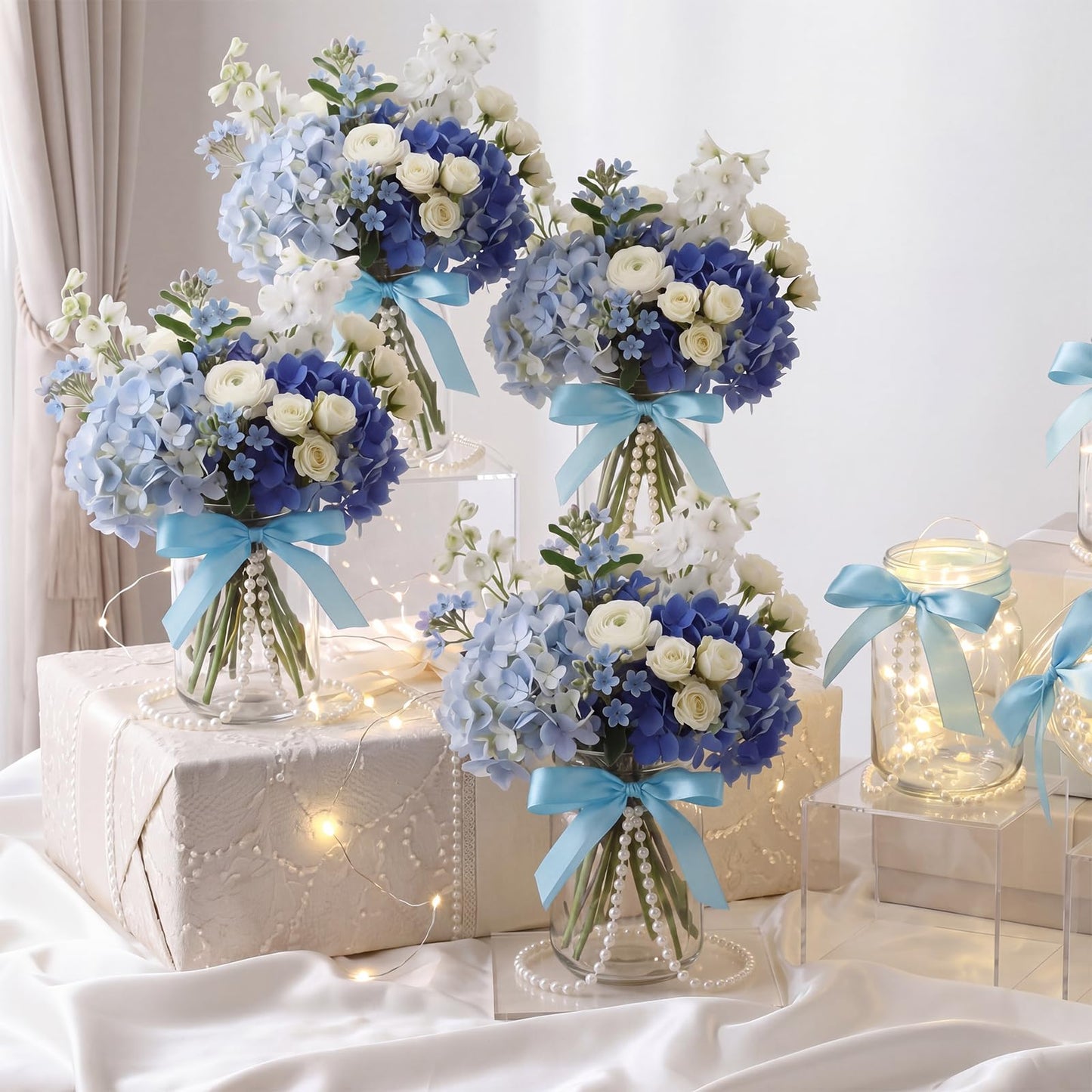 Gandeer 6 Sets Blue Mason Jars Centerpieces for Table Bridal Shower Mason Jar Lights Vases with Bow and Pearl Ribbon Bow Vase for Flowers Table Engagement Party Bridal Shower Wedding Centerpieces
