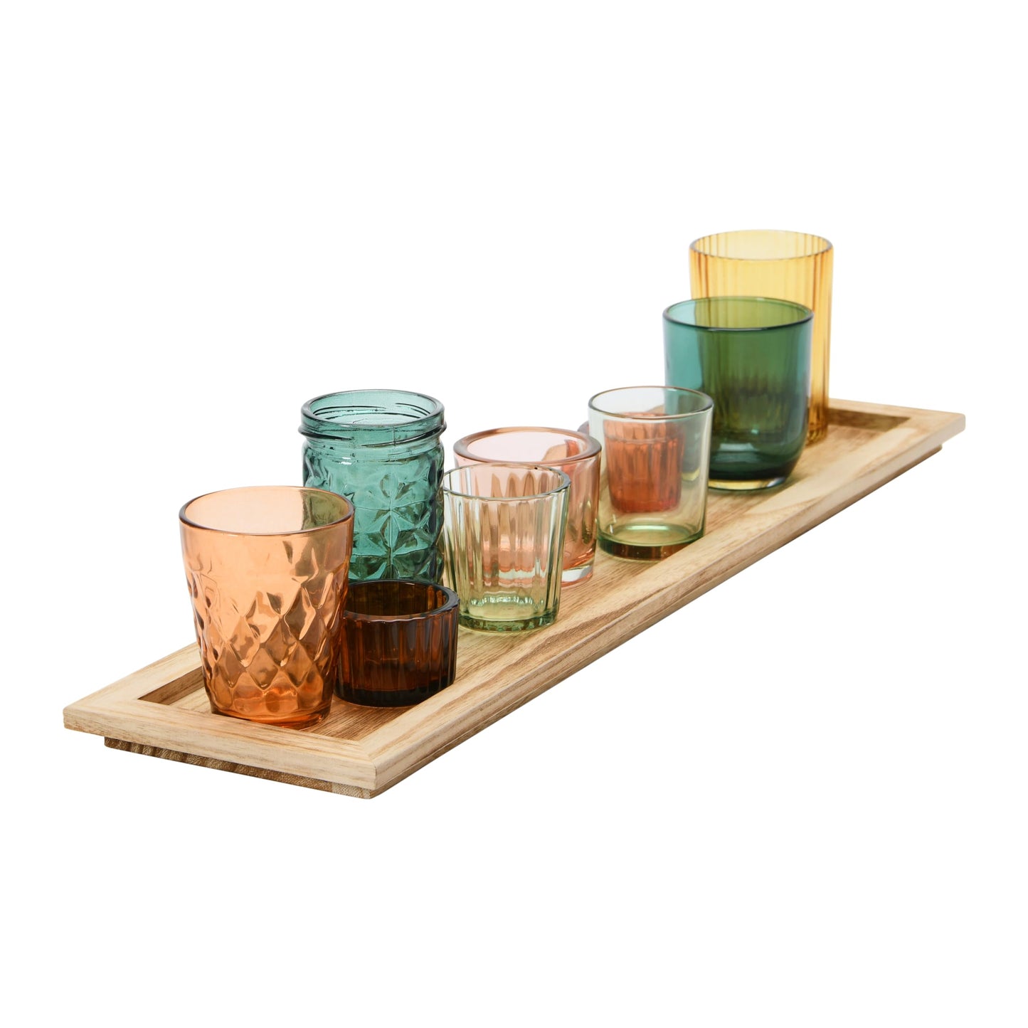 Creative Co-Op Round Glass Votive Holders on Wood Tray, Yellows & Greens, Set of 9