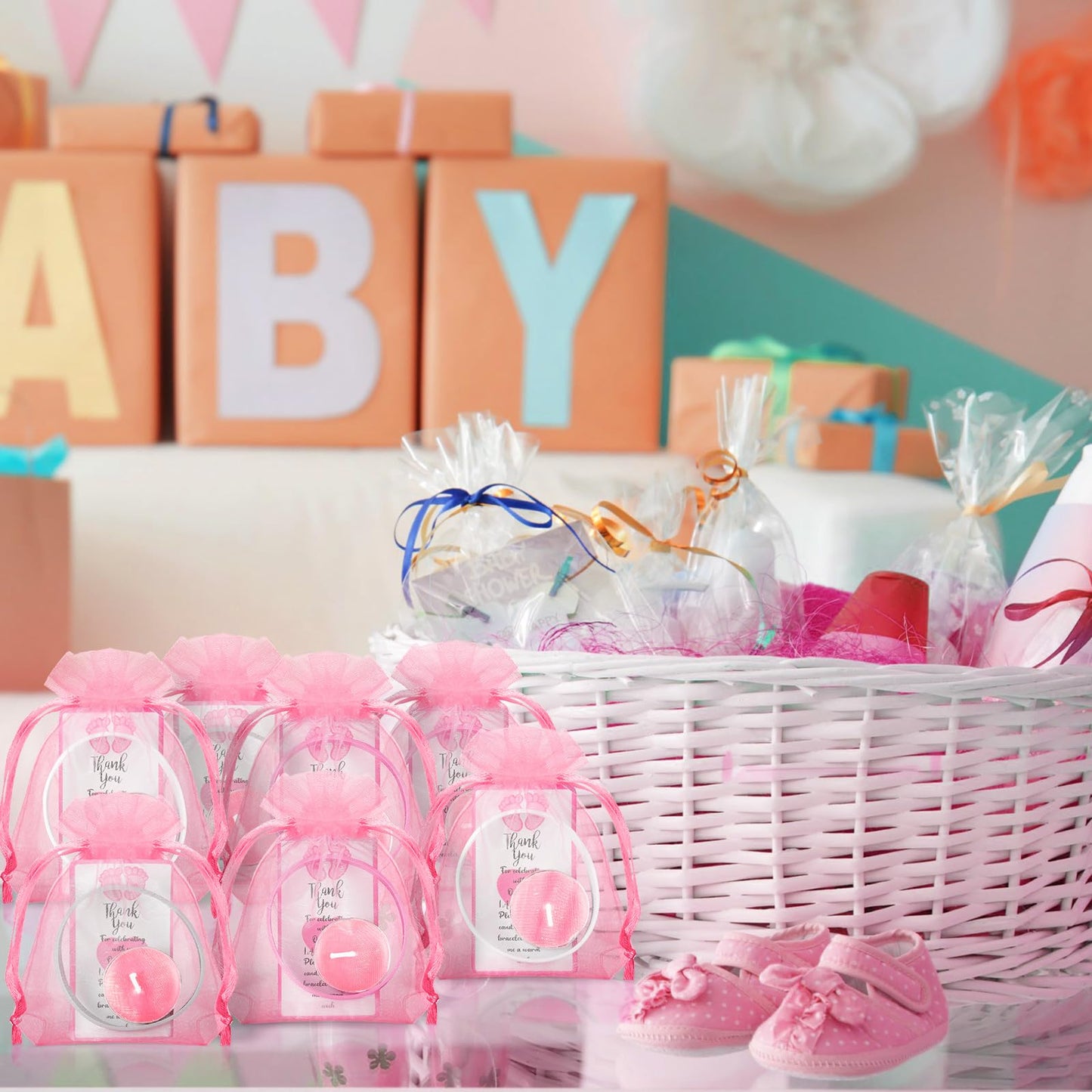 MTLEE 50 Sets Baby Shower Favors Tea Light Candles for Guests Cute Baby Shower Decorations with 50 Cards and 50 Organza Bags and 50 Silicone Bracelets for Boys Girls Gender Reveal (Pink,Cute)