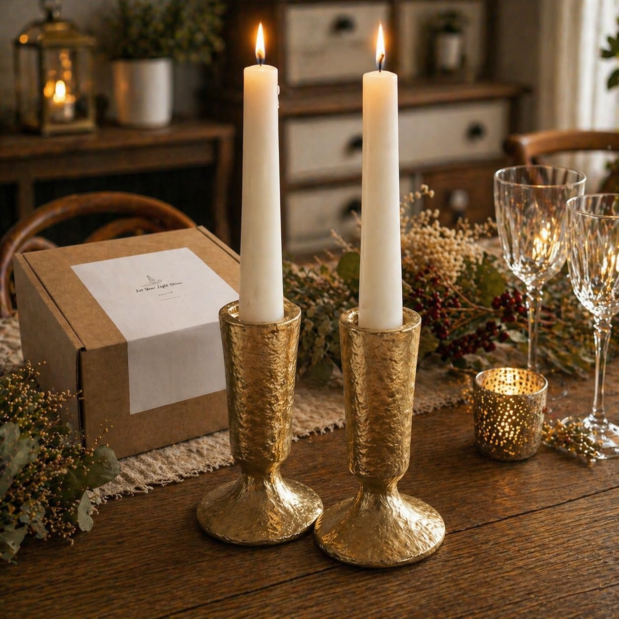 Antique Brass Iron Taper Candle Holders Set of 2, Heavy Candlestick Holders for Table Centerpiece, Gold Candle Stick Holders for Dining, Wedding, Mantel & Home Decor, Fits 3/4 Inch Candles