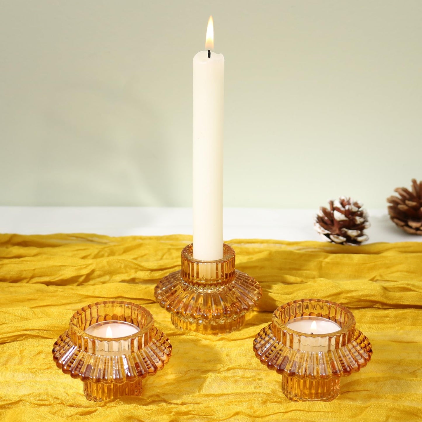 CHOCSTAY Reversible Candlestick Holders Set of 3, Amber Glass Taper and Tealight Candle Holders for Table Centerpiece, Wedding, Party, Home Decor