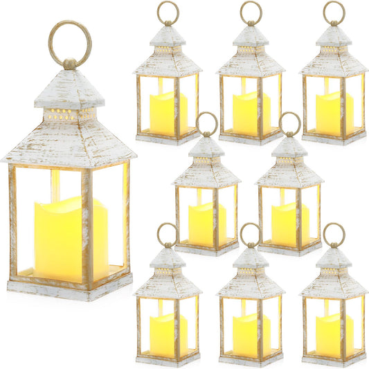 Sumind 8 Pack 9" Decorative Candle Lantern with Flameless Candle Wood Grain Lantern Hanging Vintage Rustic Farmhouse Decor Wedding Decoration Table Centerpiece for Indoor Outdoor Party(White)