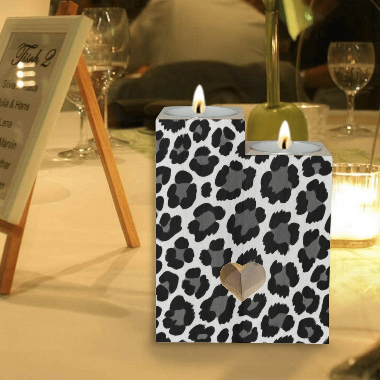 pnyoin Classical Black Animal Skin Candle Holders Gift for Women Wooden Heart Candlestick Personalized Christmas Birthday Graduation Friendship Gifts Home Wedding Dinning Party Decorative