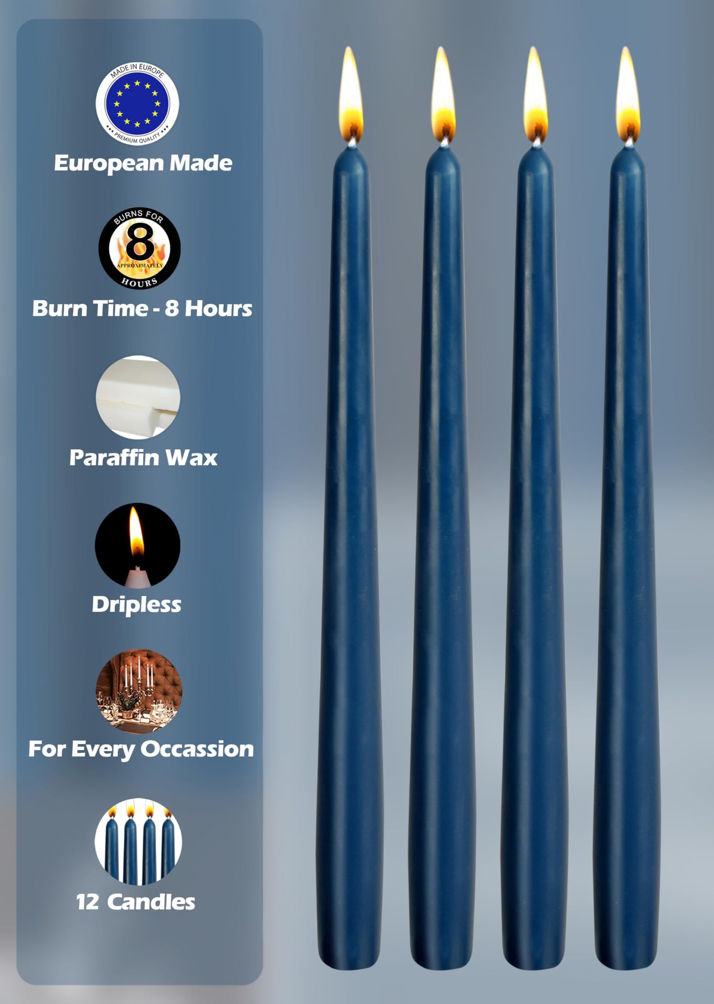 Hyoola 12 Pack Tall Taper Candles - 10 Inch Midnight Blue Dripless, Unscented Dinner Candle - Paraffin Wax with Cotton Wicks - 8 Hour Burn Time
