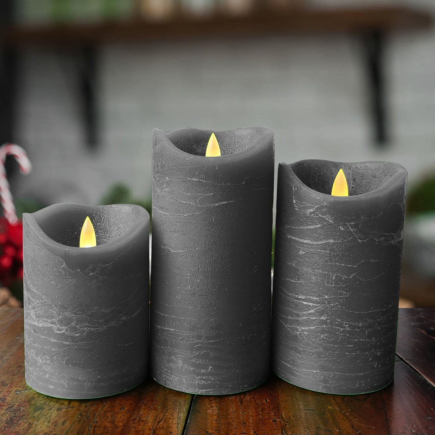 EZiKitchen Real Wax Flameless Candles Set of 3 (D 3" x H 4" 5" 6") Battery Operated LED Candle with Timer Home Decorative Pillar Flickering Lights,Wedding Party Events Decor,Grey