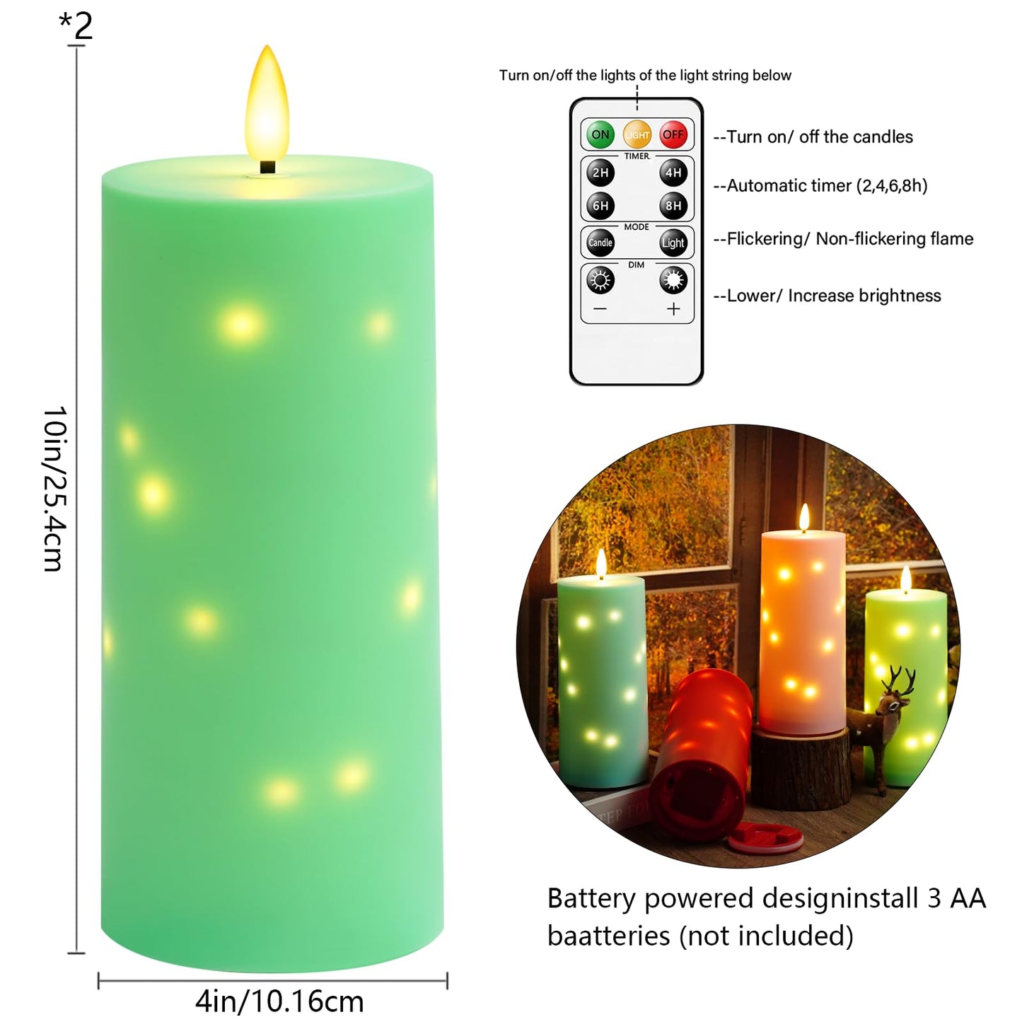 kakoya 10" x 4" Large Outdoor Waterproof Flickering Flameless Candles with Timer,2Pcs Battery Operated LED Pillar Candles with Embedded Star String for Outdoor Lanterns,Porch,Patio Decor(Green)