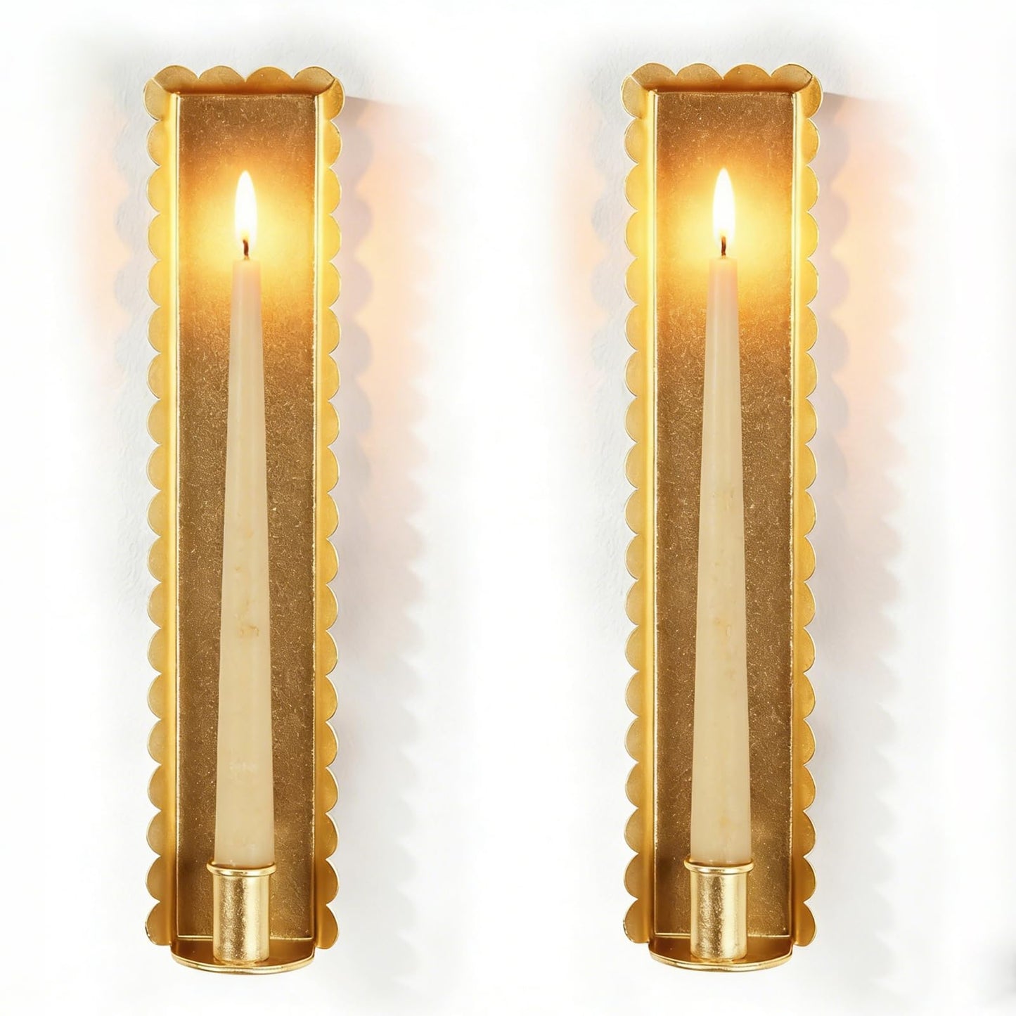 AimtoHome Gold Wall Candle Sconces Set of 2, Scalloped Edge Box-Shaped Cast Iron Farmhouse Church Holders for Taper Candles, Wall Mounted Rustic Candle Sconce for Living Room, Dining Room Decor