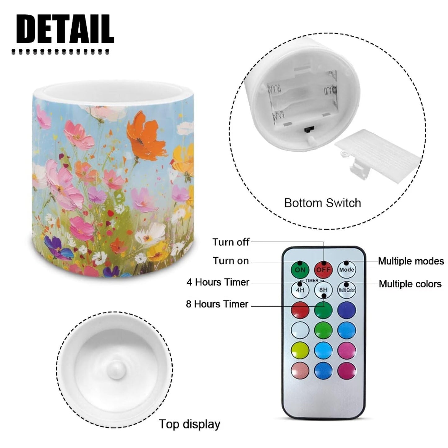 NETILGEN 3 inch Flameless LED Candles with Remote Timer Set of 4 Watercolor Daisy Floral Print Realistic Flickering Flameless Candles with Battery Powered