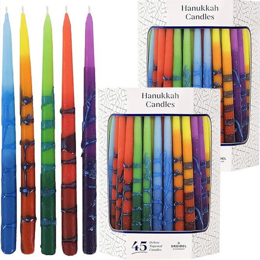 The Dreidel Company 5-Pack Dripless Hanukkah Candles, 45 Multicolored Striped Deluxe Tapered Decorations, Chanukkah Menorah Candles for All 8 Nights, 60 Minute Burn Time