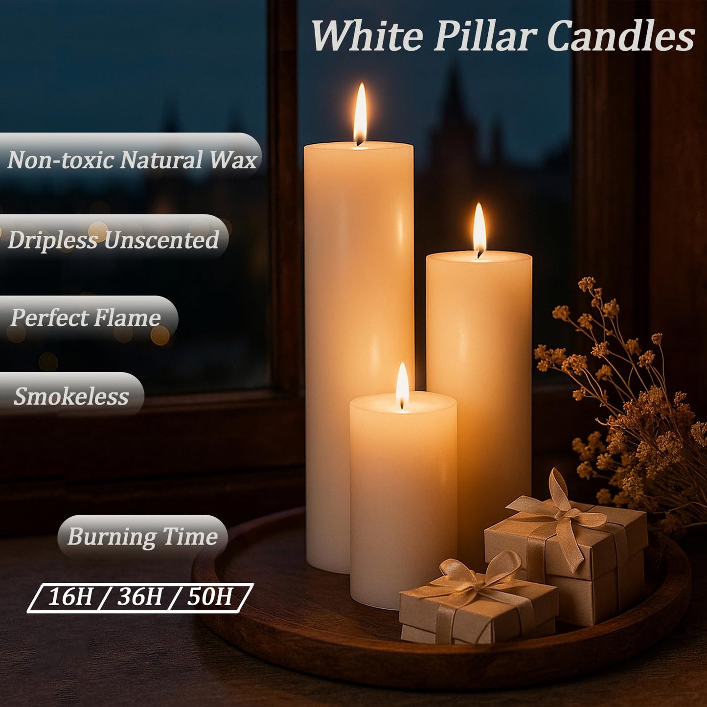Trxvxo White Pillar Candles Bulk Set of 36，Hurricane Candles，3 Different Lengths 2 x 3/6/8 Inch (12 Each)，Dripless Unscented Smokeless，Gives You a Better Atmosphere When Organizing an Event Party.