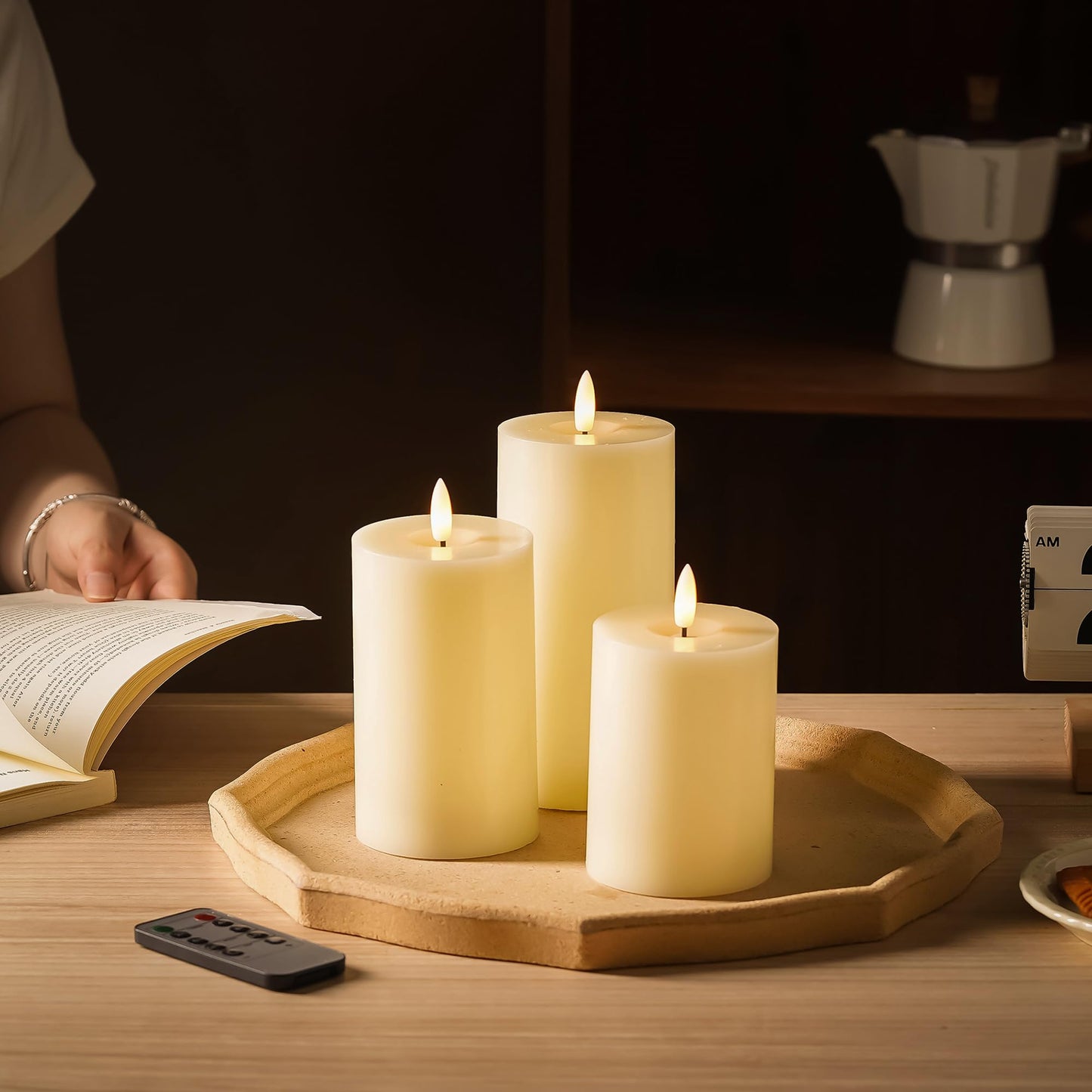 Stmarry Ivory Flameless Candles with Remote and Timer, Real Wax Made LED Pillar Candles Battery Operated with 3D Flickering Flame - 3" x 4",5",6" - Set of 3