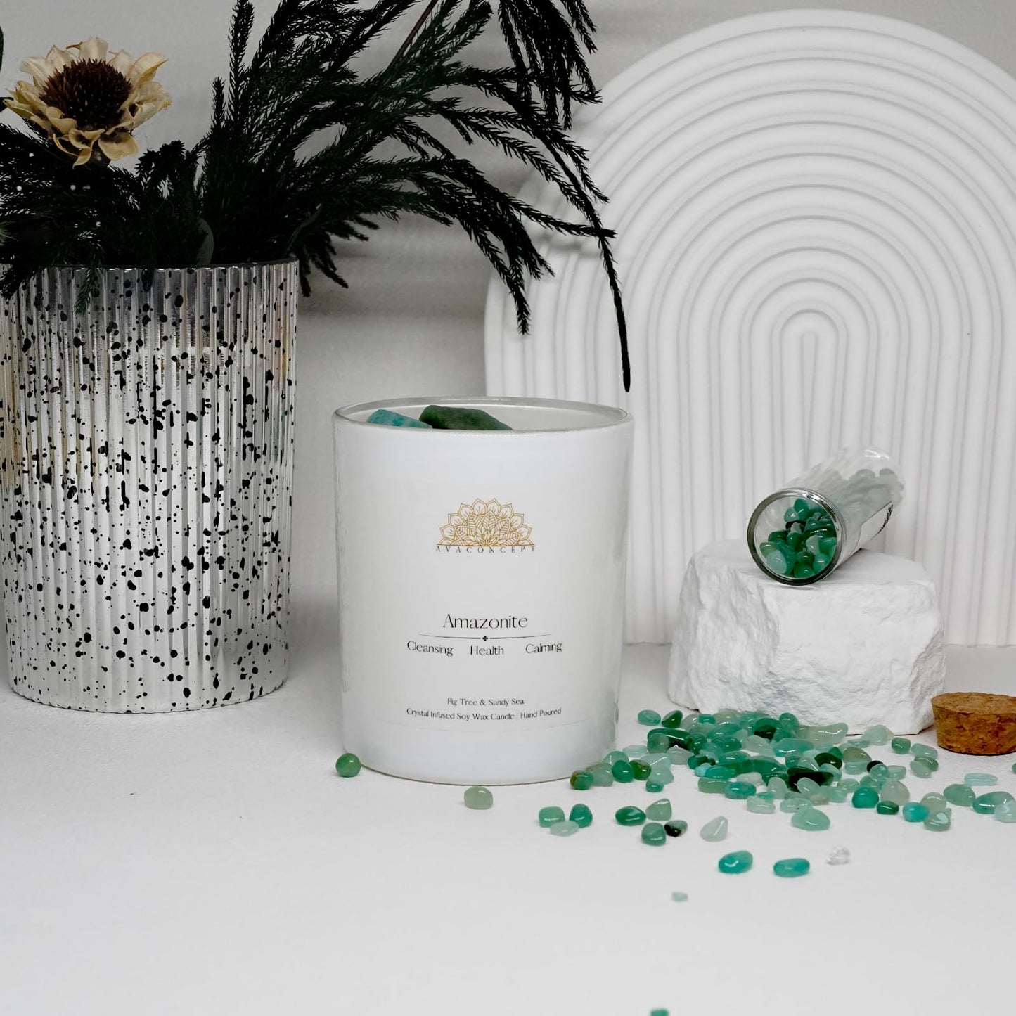 Ava Concept Amazonite Crystal Candle – 10oz / 280g Fig Tree & Sandy Sea Aromatherapy Hand-Poured Soy Wax Genuine Amazonite Healing Crystals Embedded Cleansing, Health & Calming Gift Box Included