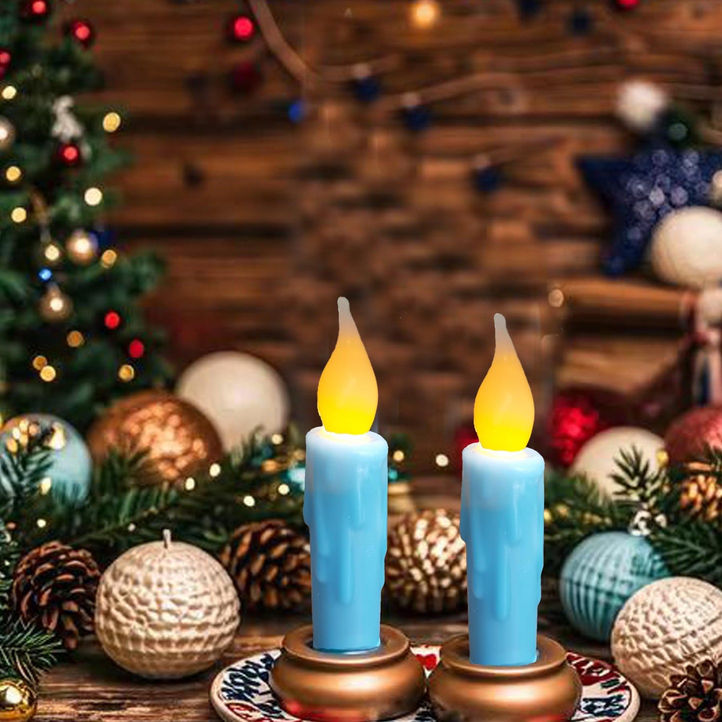 LINCOUNTRY.Primitive Wax Short Taper Candles Battery Operated with Timer Flameless Taper Candles Flickering Flame Small Led Blue Candlesticks for Christmas Halloween Home Decor