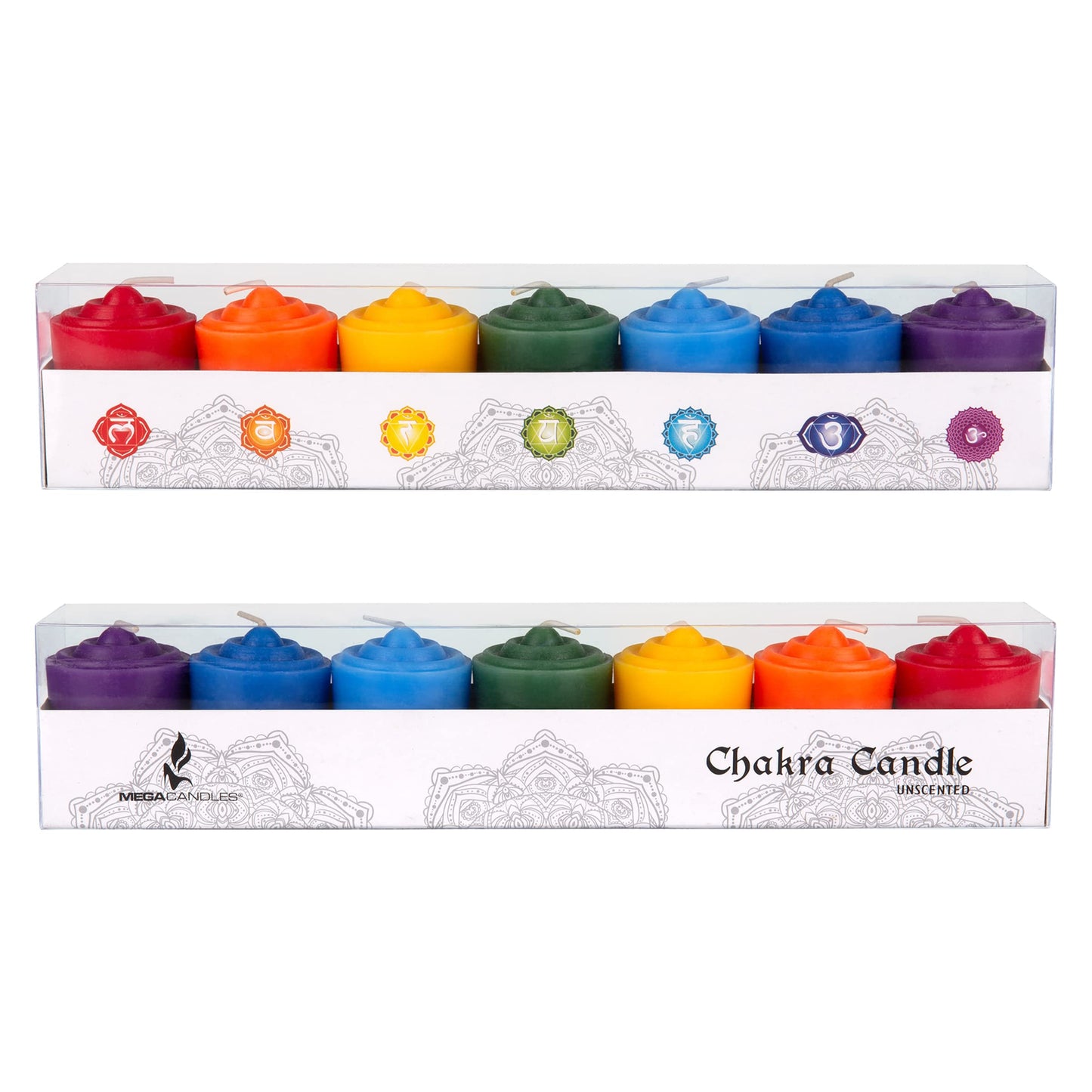Mega Candles 7 pcs Unscented Chakra Votive Candles, Hand Poured Premium Wax Candle 15 Hours 1.5 Inch x 2.25 Inch, 100% Cotton Wick, Positive Healing Energy, Meditation, Relaxation, Reiki, Yoga